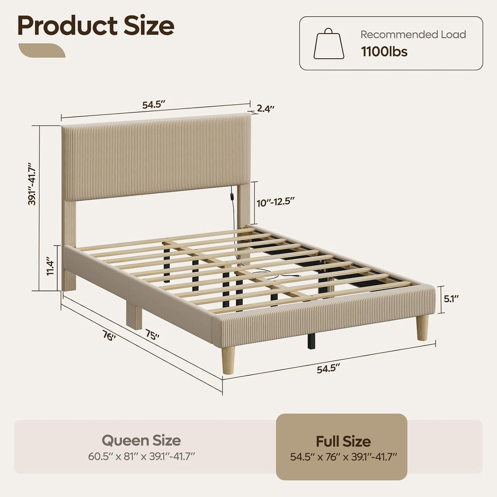 Bestier Full Size Bed Frame with Adjustable Headboard,LED Lighting,Vertical Channel Tufted Corduroy Upholstered, Solid Wooden Slats Support,No Box Spring Needed,Never Squeaks,Easy Assembly, Taupe
