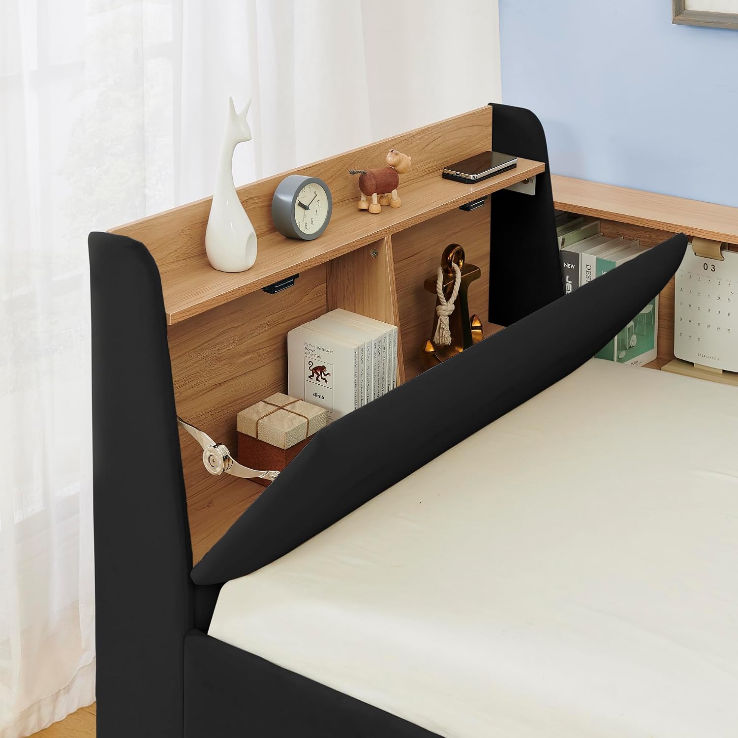 Corner Bed with Desk and Bookcase, LED Lights & USB Ports, Modern Twin Daybed with Storage Underneath Drawers, Soft Velvet Upholstered Day Bed Kids Bedroom Furniture Set Small Places (Black, Twin)