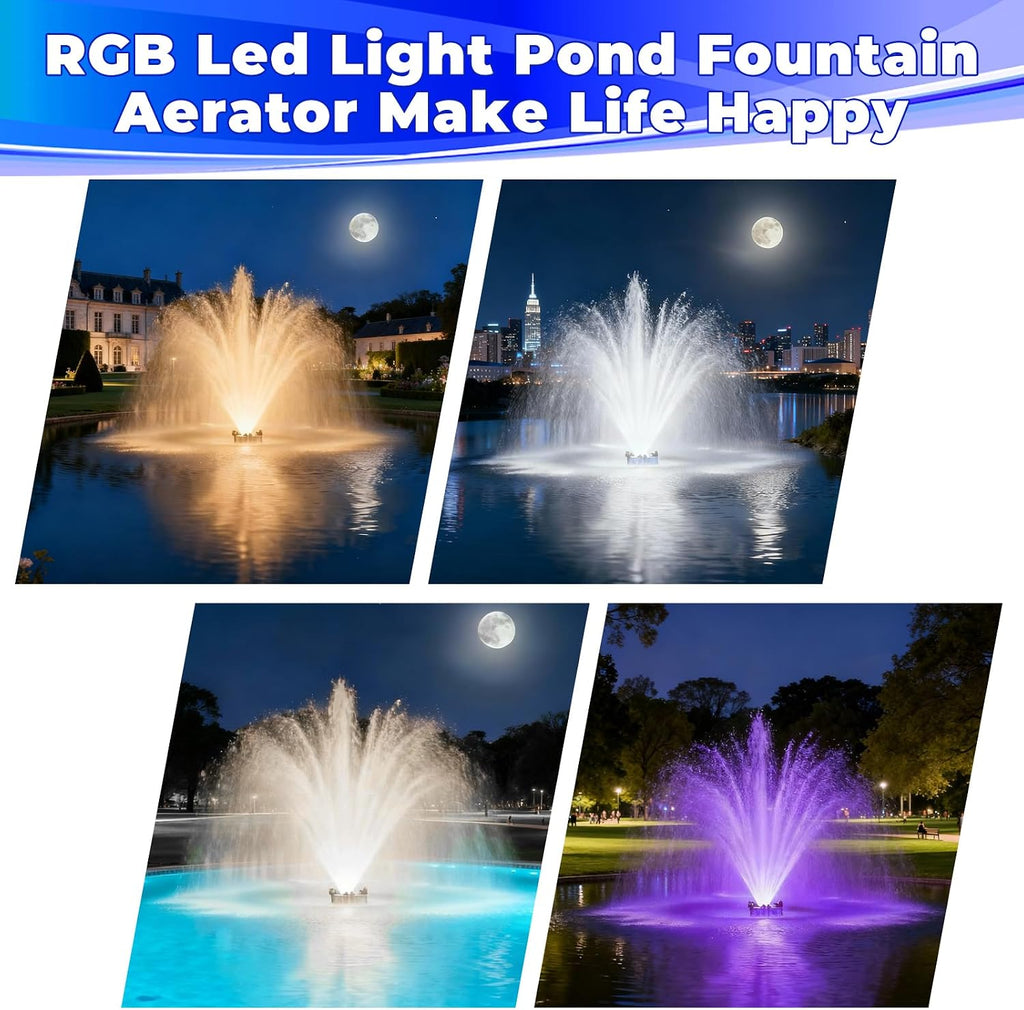 Pond Fountain Aerator with Led Lights RGB-15000 GPH,110V 1HP 750W Floating Fountain Aeration for Large Ponds,Aerating Fountain Pump for Outdoor Ponds & Lakes with 15A/100FT Power Cord