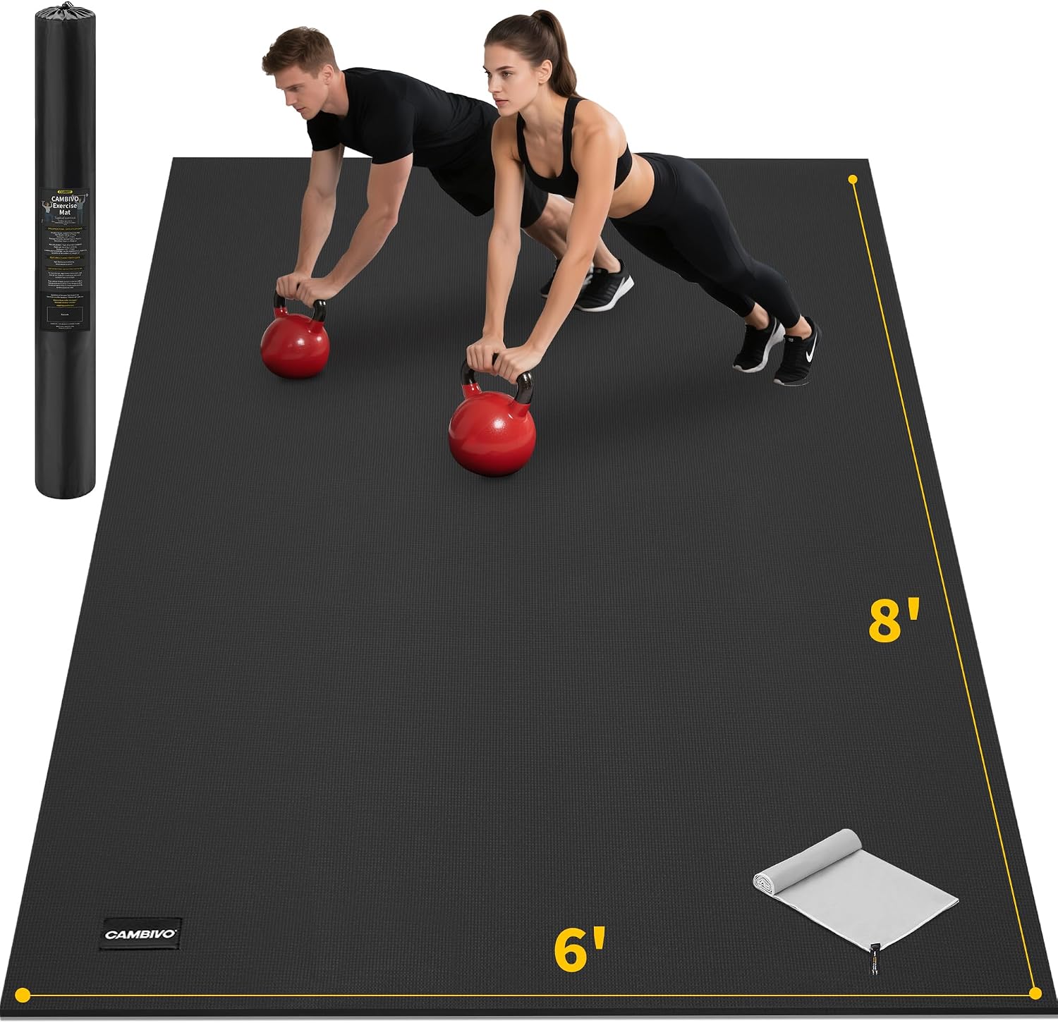 CAMBIVO Large Exercise Mat for Home Workout, 8'x6'/7'x5'/6'x4' (7 mm) Extra Thick Exercise Mat for Home Gym, Shoe-Friendly, Non-Slip Gym Mat for Jump Rope, Weights, Cardio, Fitness