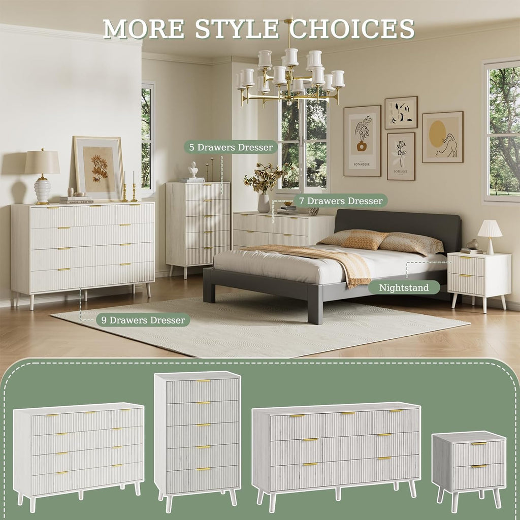 LYNSOM Fluted 5 Drawers Dresser, 45' Tall Modern Chest of Drawers with Curved Profile Design and Metal Handle, Wood Drawer Organizer for Bedroom, Living Room, Hallway, Entryway, White