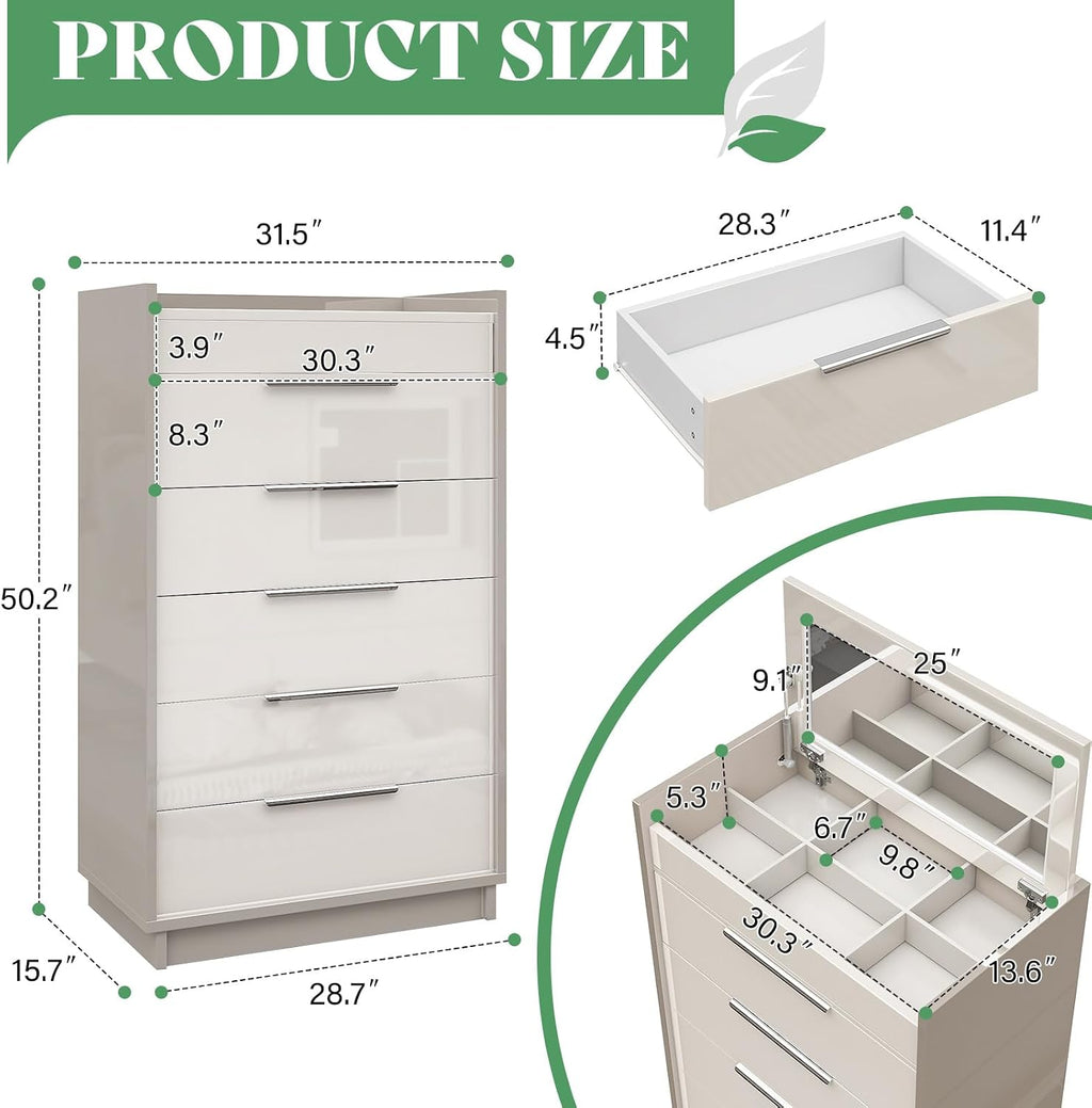AMERLIFE 5-Drawer Chest with Glass Tabletop, Storage Dresser Organizer with Inside Mirror & Lift Top Dresser for Bedroom, Cream&Grey