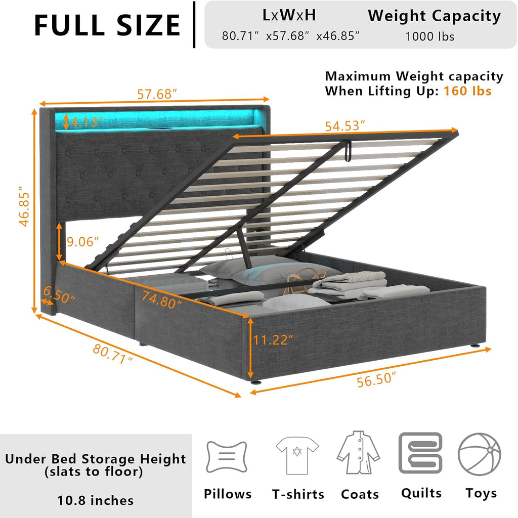 Loomie Full Lift Up Bed Frame with Charging Station & LED Lights, Upholstered Bed with Button Tufted Wingback Storage Headboard, Hydraulic Storage, No Box Spring Needed, Wood Slats Support,Dark Grey