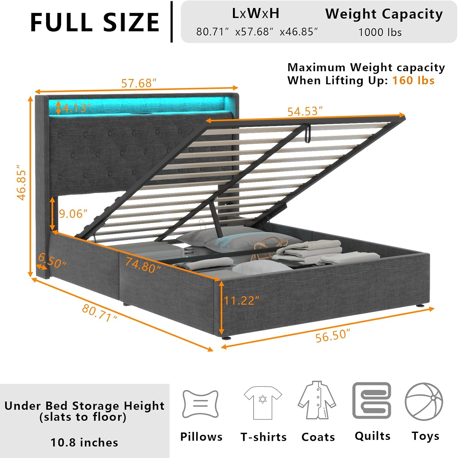 Loomie Full Lift Up Bed Frame with Charging Station & LED Lights, Upholstered Bed with Button Tufted Wingback Storage Headboard, Hydraulic Storage, No Box Spring Needed, Wood Slats Support,Dark Grey