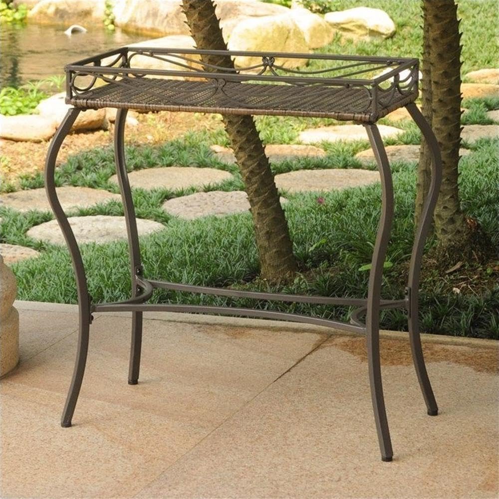 Pemberly Row Resin Potting Bench, Antique Brown Finish, Powder Coated Wicker Resin and Iron, 29.5' H x 26' W x 12' D, UV Protection, Water Resistant, Indoor/Outdoor Gardening Table