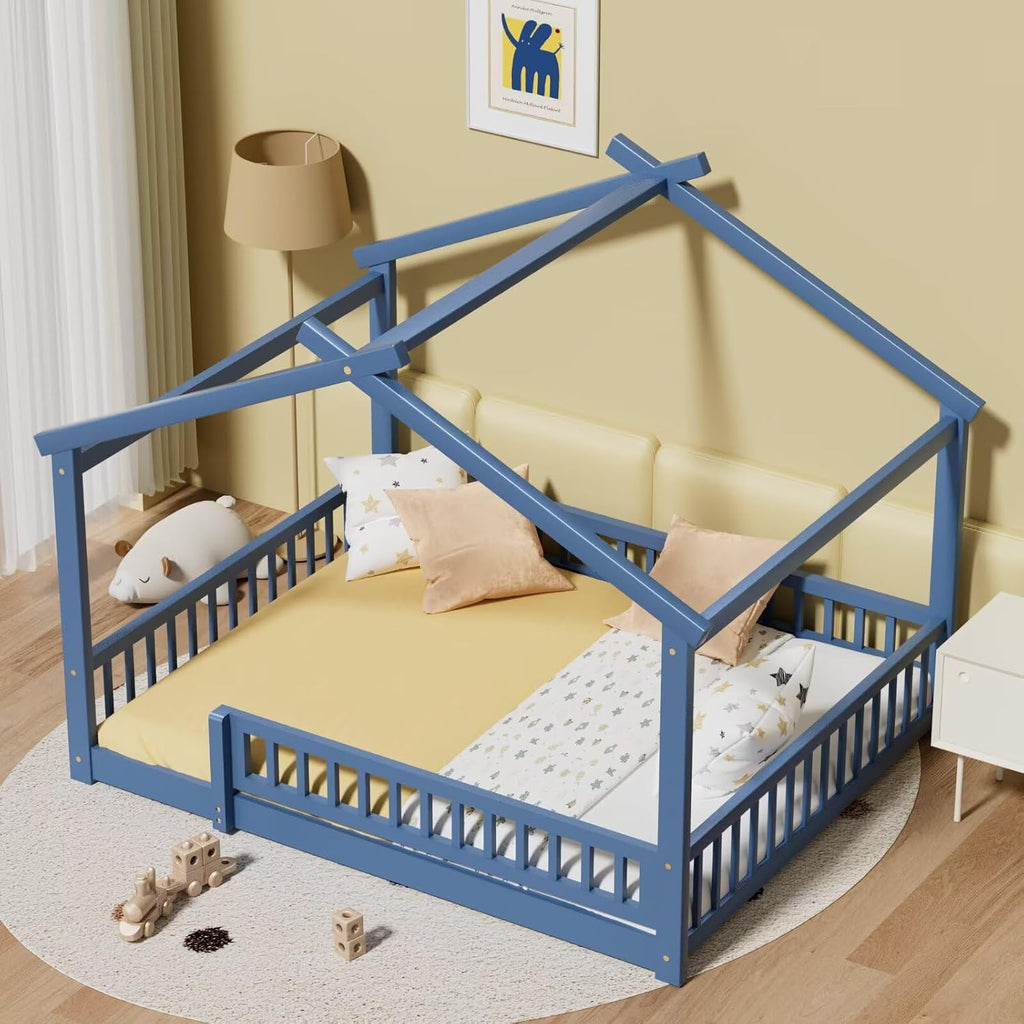 LLS Full House Floor Bed Frame with Fence, Wooden Montessori Playhouse Bed with Slats Support for Boys Girls, Mist Blue