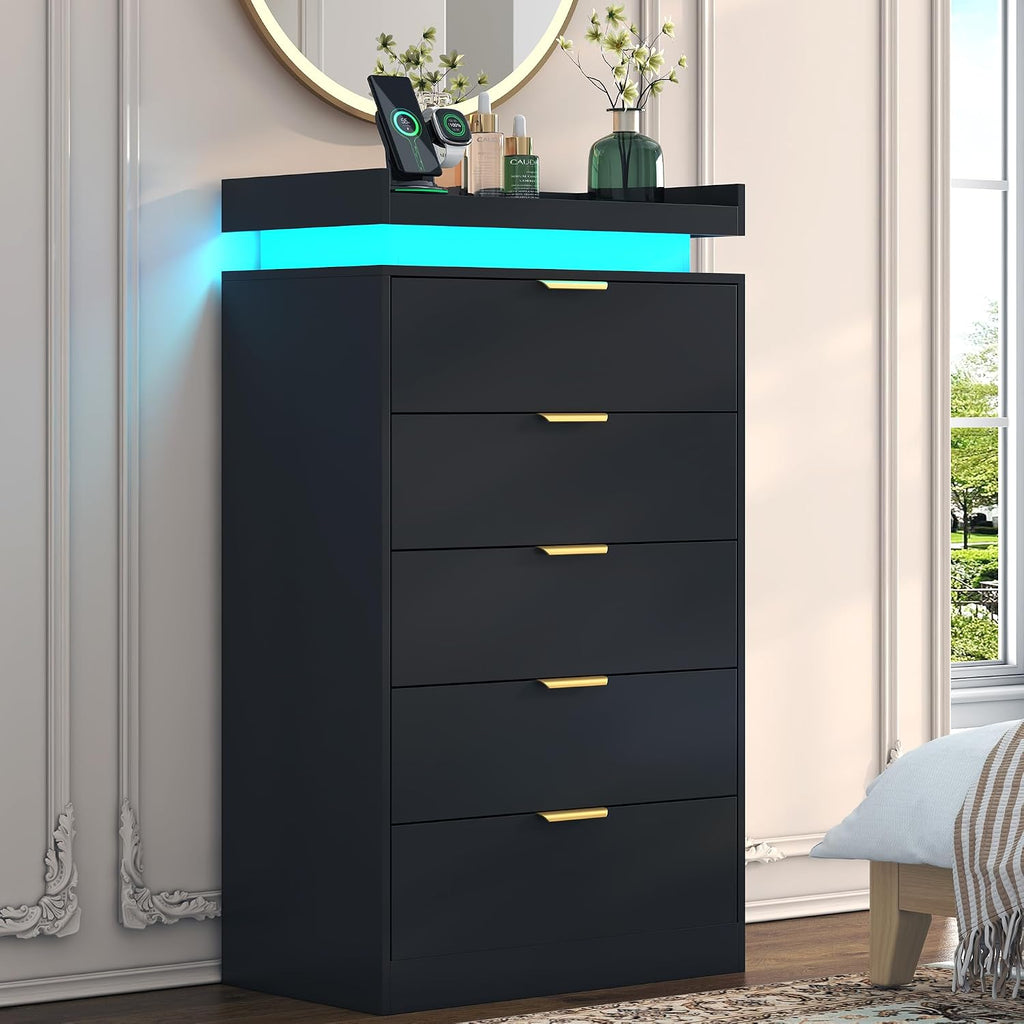 UNIQUITE Tall Dresser for Bedroom, Black Dresser with LED Lights, Wood 5 Drawer Chest with Power Outlet, Modern Tall Chest of Drawers for Bedroom, Entryway, Hallway