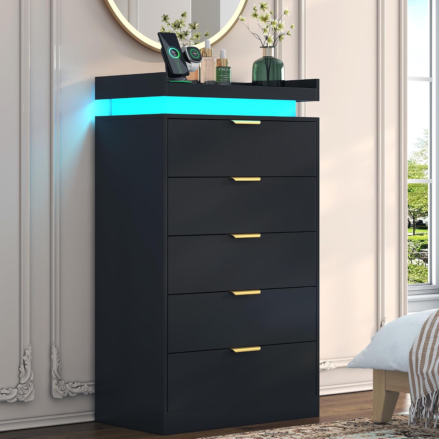 UNIQUITE Tall Dresser for Bedroom, Black Dresser with LED Lights, Wood 5 Drawer Chest with Power Outlet, Modern Tall Chest of Drawers for Bedroom, Entryway, Hallway