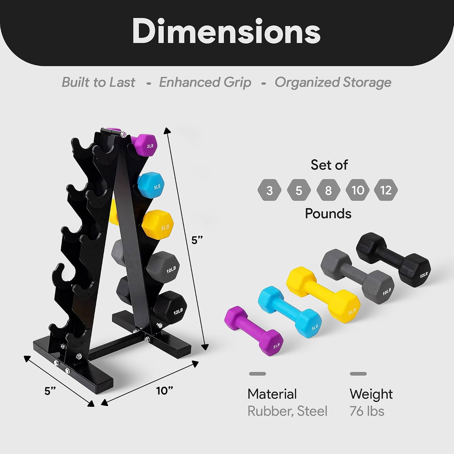BalanceFrom Neoprene Coated Iron Dumbbell Hex Weights Set with Stand – Color-Coded or Black Options with Non-Slip Grip for Strength Training, Resistance Workouts, and Home Gym Fitness