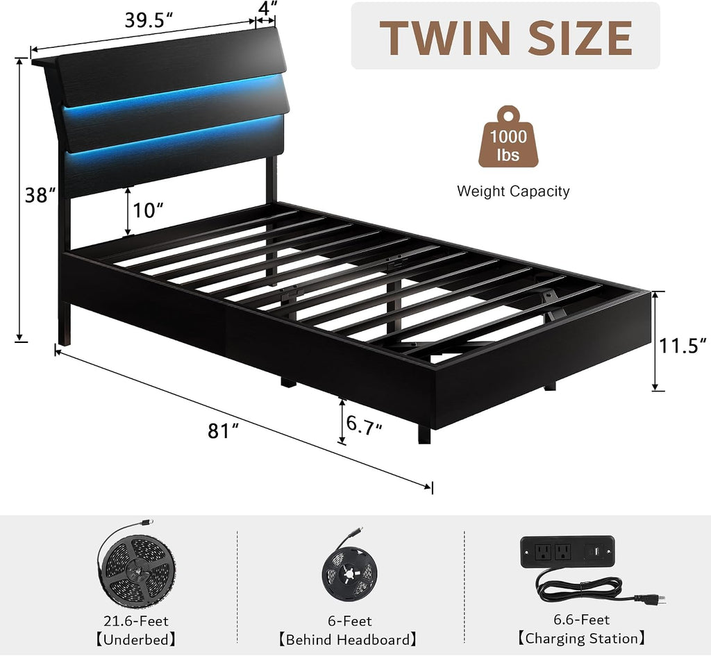 iPormis Floating Twin Size Bed Frame with LED Lights & Charging Station, Platform Bed with Wooden Storage Headboard, Heavy Duty Slats Support, No Box Spring Needed, Easy Assembly, Noise-Free, Black