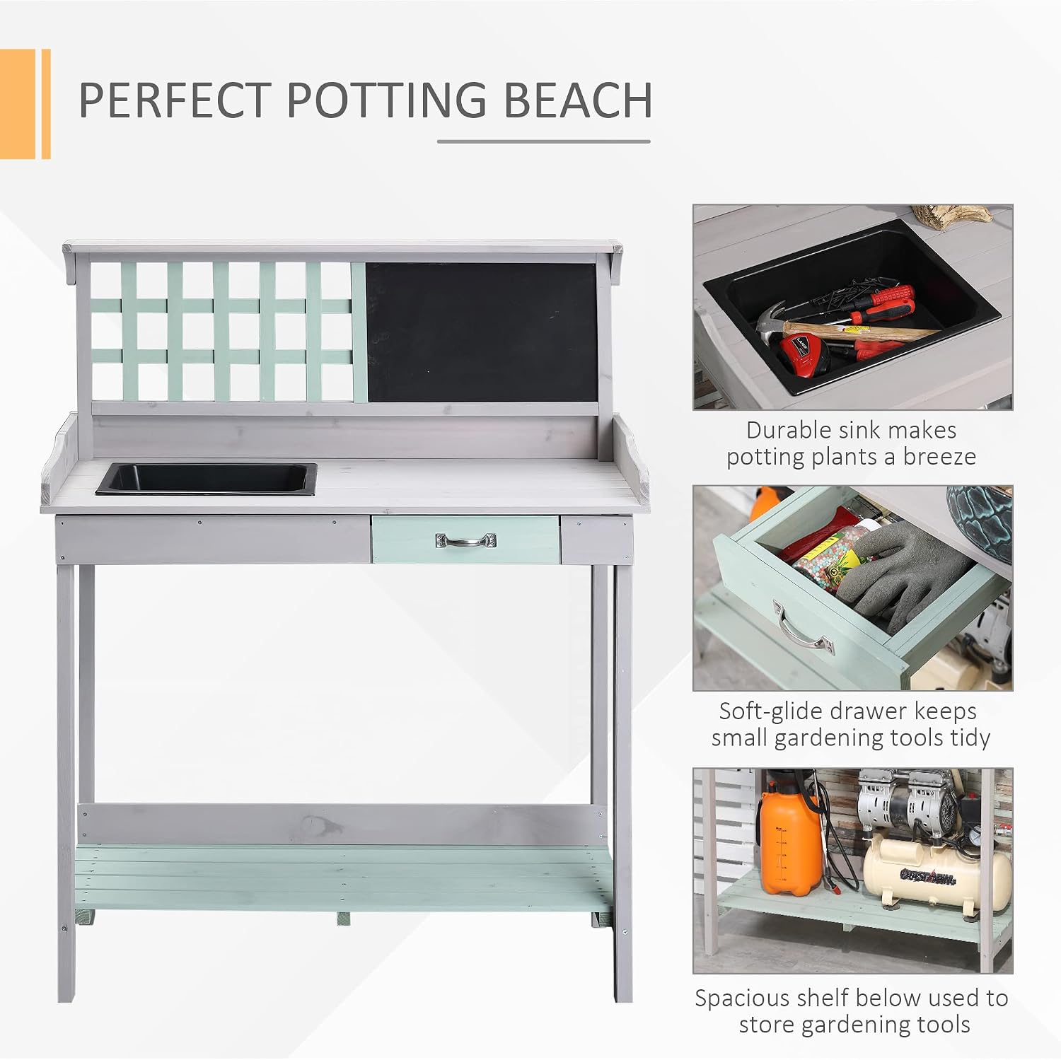 Outdoor Wooden Potting Bench Table with Removable Sink, GWork Bench with Chalkboard, Drawer, Open Shelf Storage, Light Gray