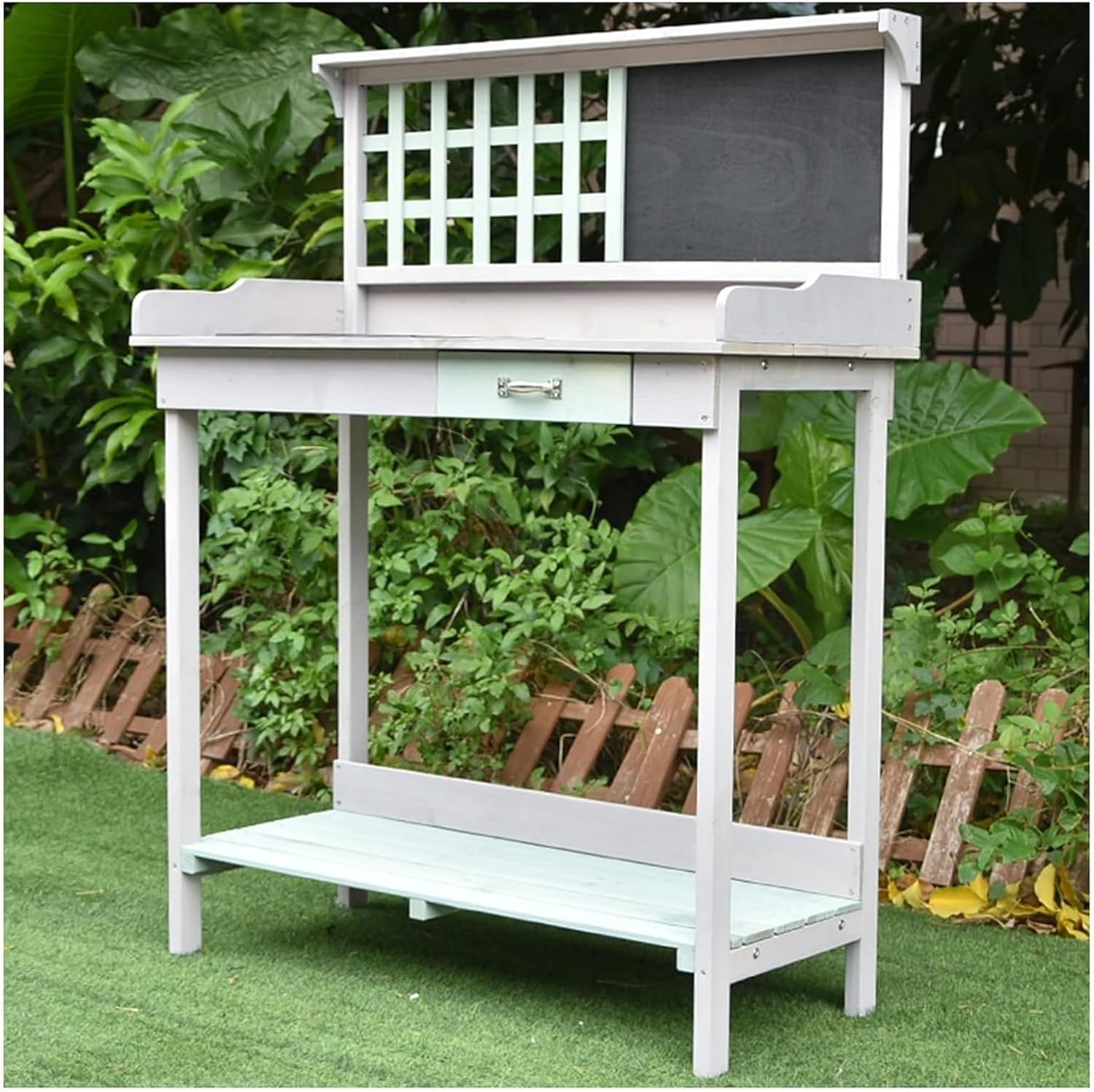 Potting Bench Table,Garden Potting Table, Outdoor Garden Potting Table Garden Work Bench Potting Bench Table for Patio Backyard and Porch with Cabinet Drawer Open Top & Lower Shelf, Gray