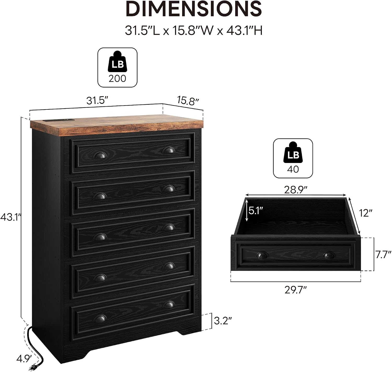 LIKIMIO 43' Tall 5 Drawers Dresser for Bedroom, Power Strip, Farmhouse Large Wood Dressers & Chest of Drawers with Wide Storage Cabinet, Black