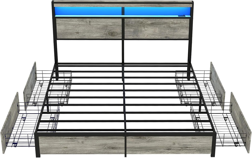 SADENICEL King Size Bed Frame with Storage Headboard, Metal Platform King Bed Frame Wood with 4 Drawers, LED Light, Charging Station, No Box Spring Needed, Noise Free, Easy Assembly, Grey