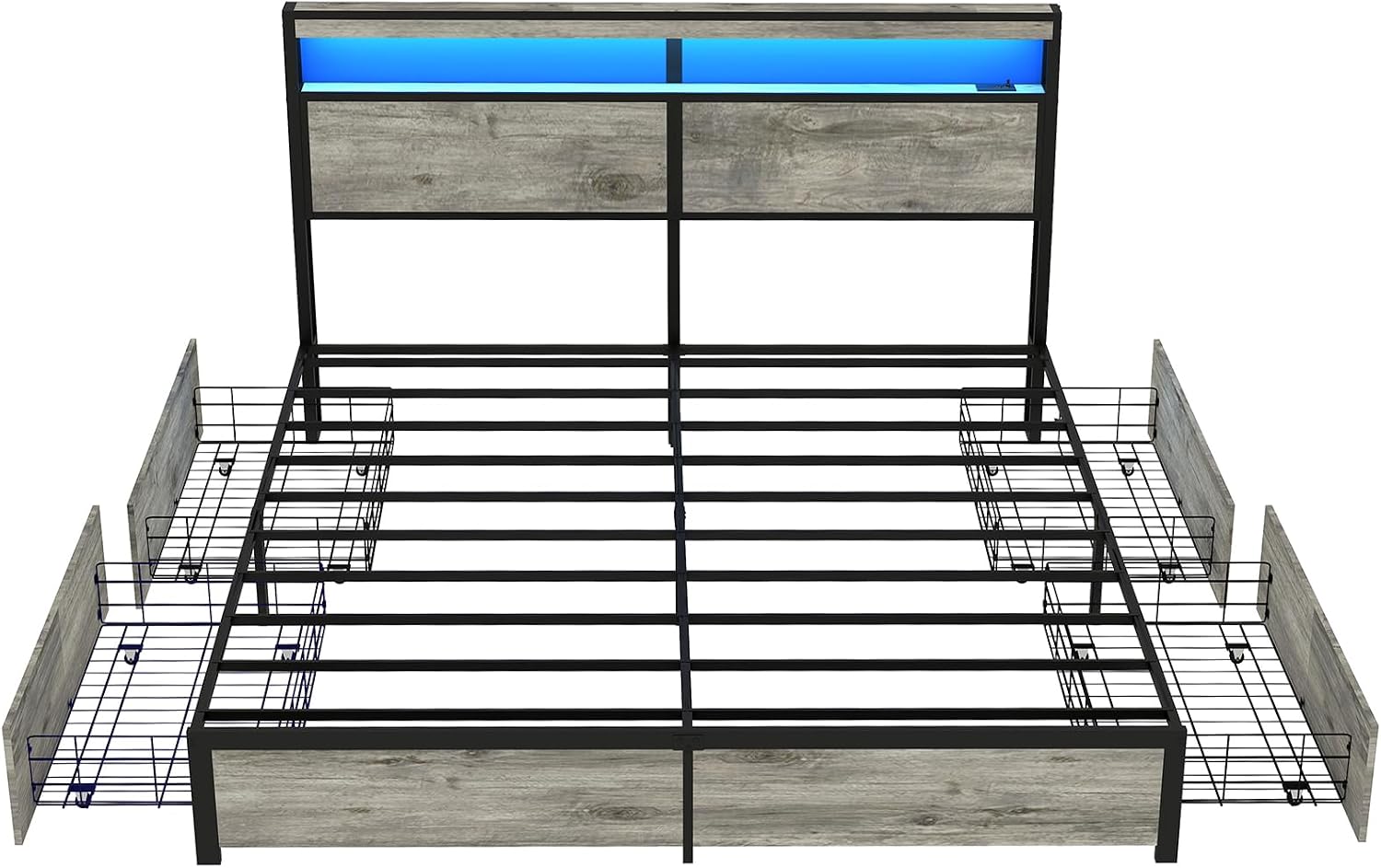 SADENICEL King Size Bed Frame with Storage Headboard, Metal Platform King Bed Frame Wood with 4 Drawers, LED Light, Charging Station, No Box Spring Needed, Noise Free, Easy Assembly, Grey