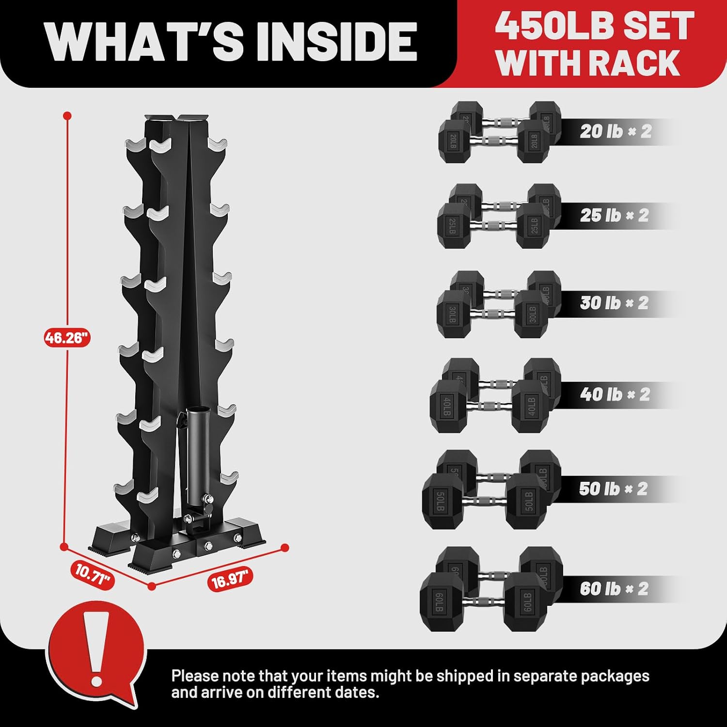 PAPABABE Hex Dumbbell Set with Rack, 85-560lb Rubber Encased Dumbbell Free Weights Dumbbells Set with Storage Rack, Hand Weights Set for Strength Training