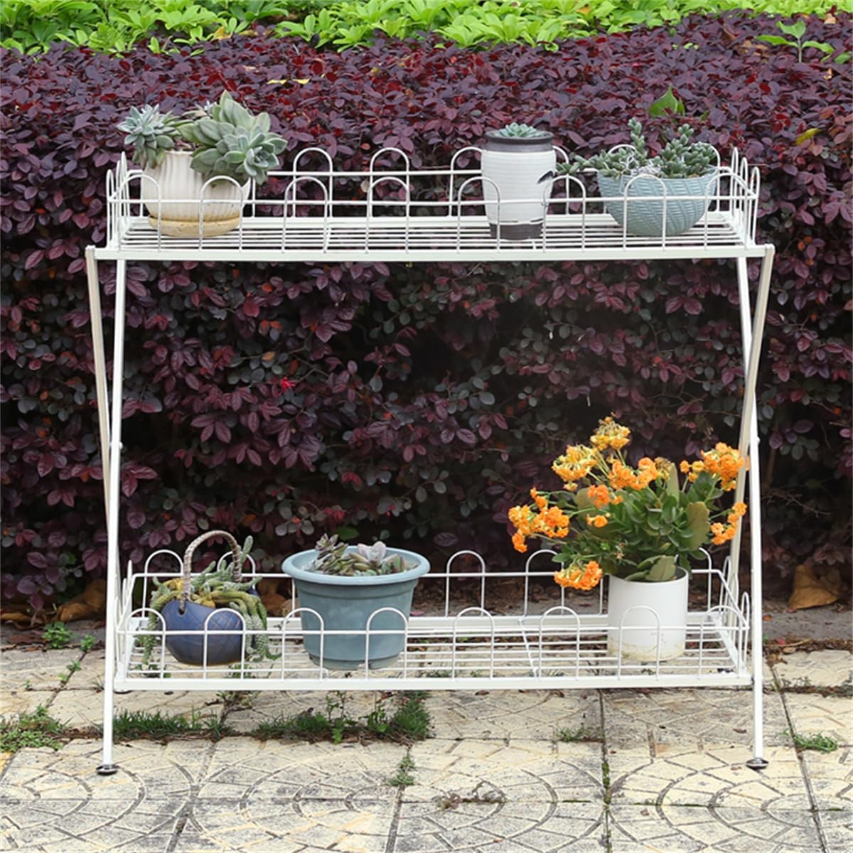 Garden Plant Stand,Outdoor Potting Bench Table,Old Balcony Iron Flower Stand with Fence,2 Tier Metal Waterproof Plant Shelf,for Living Room Patio Home Decor,White
