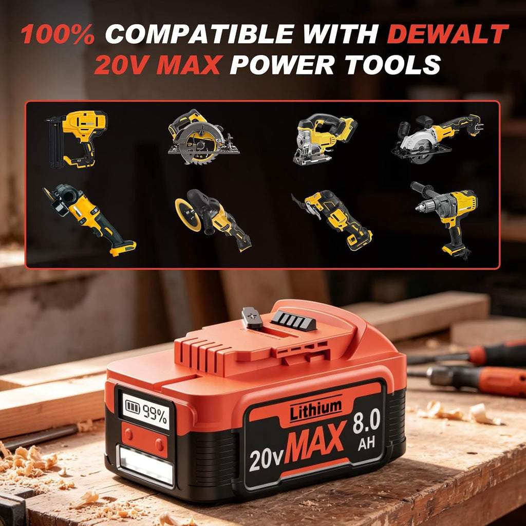 8.0Ah 2026 New Upgraded Replacement for Dewalt 20V Max Battery, 65W PD Type-C Bidirectional Charging LCD Display LED Light, Compatible with 20 Volt DCB203 DCB204 DCB205 DCB206 Cordless Power Tools