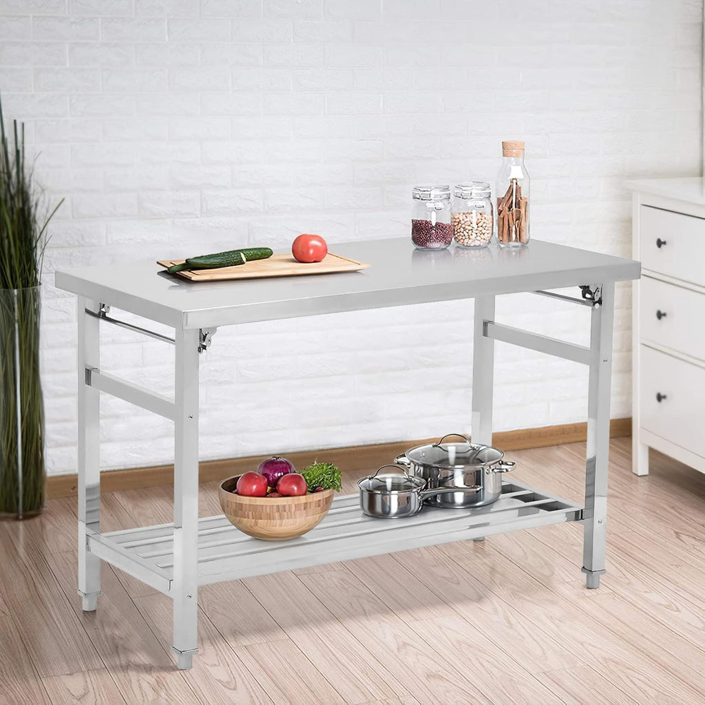 48''x24'' Stainless Steel Folding Preparation Table with Adjustable Undershelf, NSF Commercial Heavy-Duty Workbench, for Kitchen, Hotel, Home, Outdoor Cooking Table