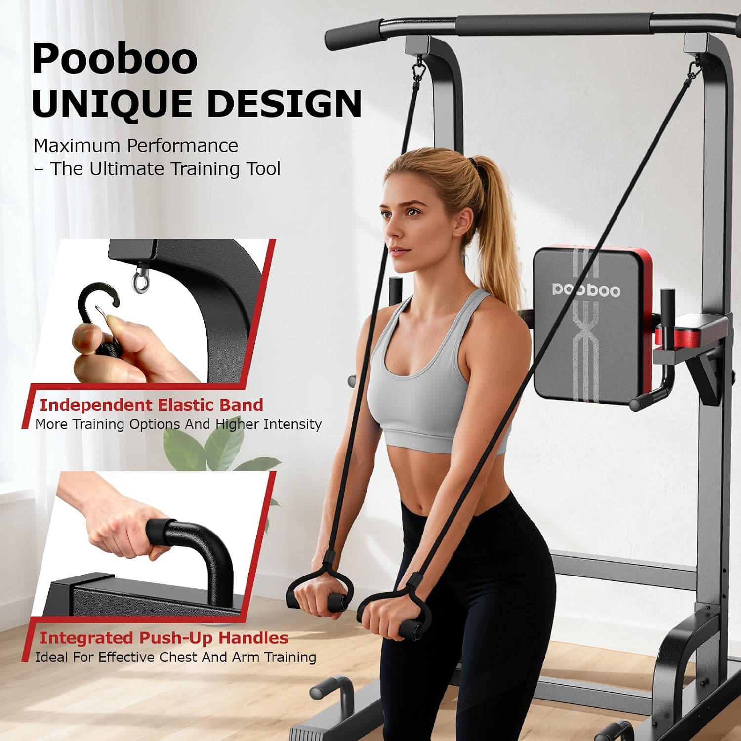Pooboo Power Tower Dip Station Pull Up Bar for Fitness Home Gym Workout,450 Pounds Multi-Function Adjustable Height Fitness Strength Training Exercise Equipment,with Power Elastic Ropes