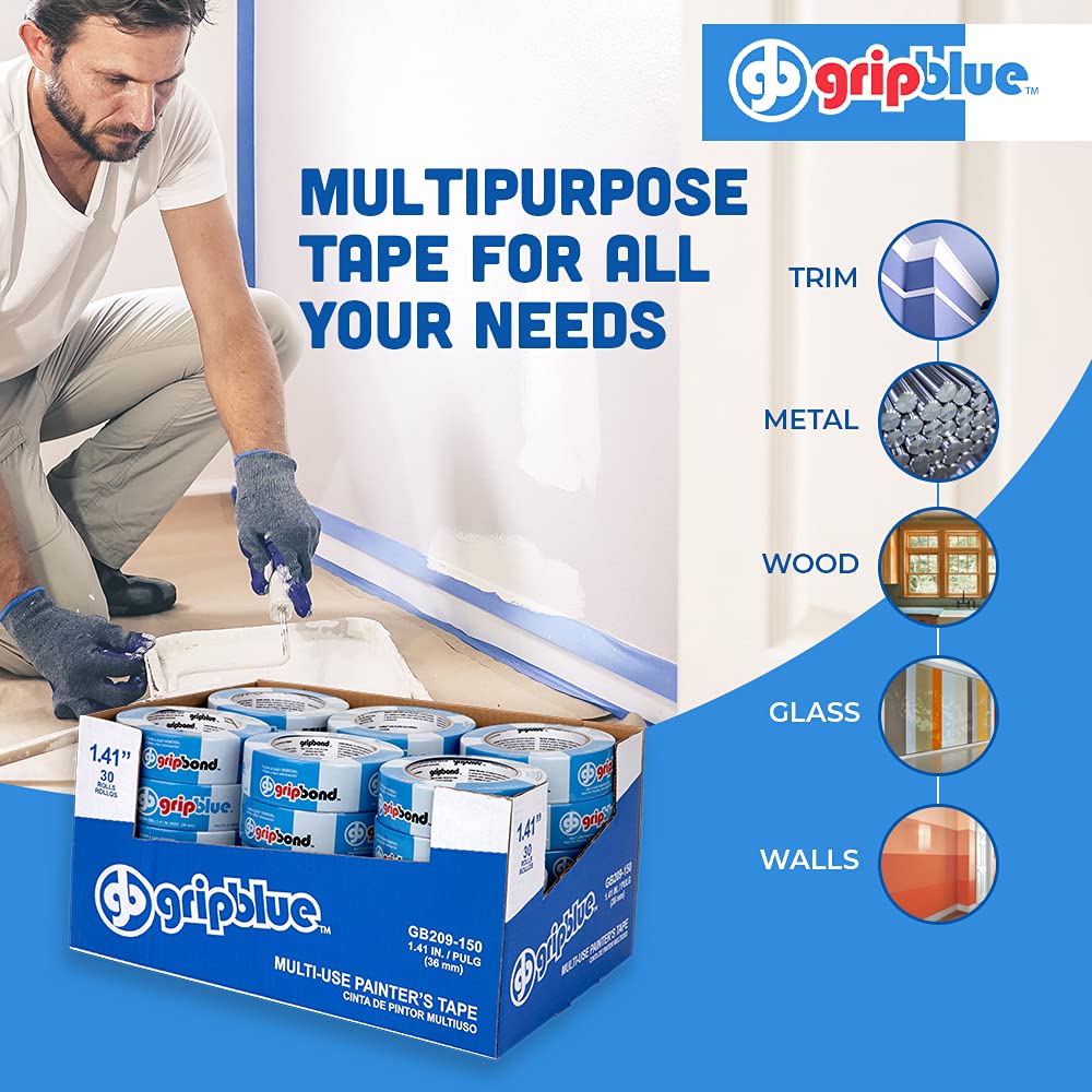 Blue Painters Tape 1.5 Inch Wide, 30 Rolls Masking Tape - Perfect for Precise Lines on Walls & Trim, Multi-Surface, Residue-Free, Easy Removal - Ideal for Indoor & Outdoor Use, 1.41in x 60yds