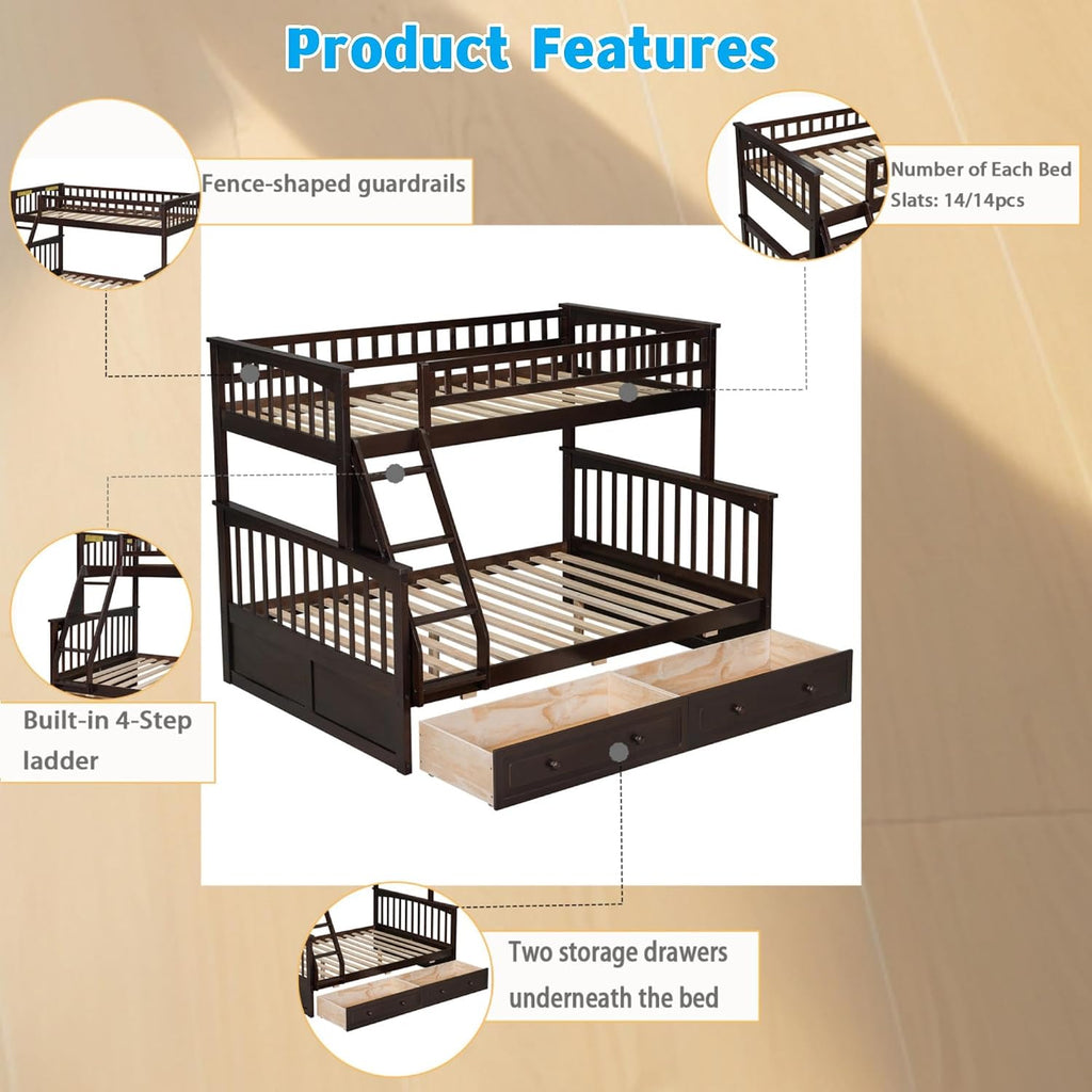 Harper & Bright Designs Convertible Wood Twin Over Full Bunk Bed with 2 Storage Drawers and Ladder - Can Be Divided Into Two Daybeds, Espresso