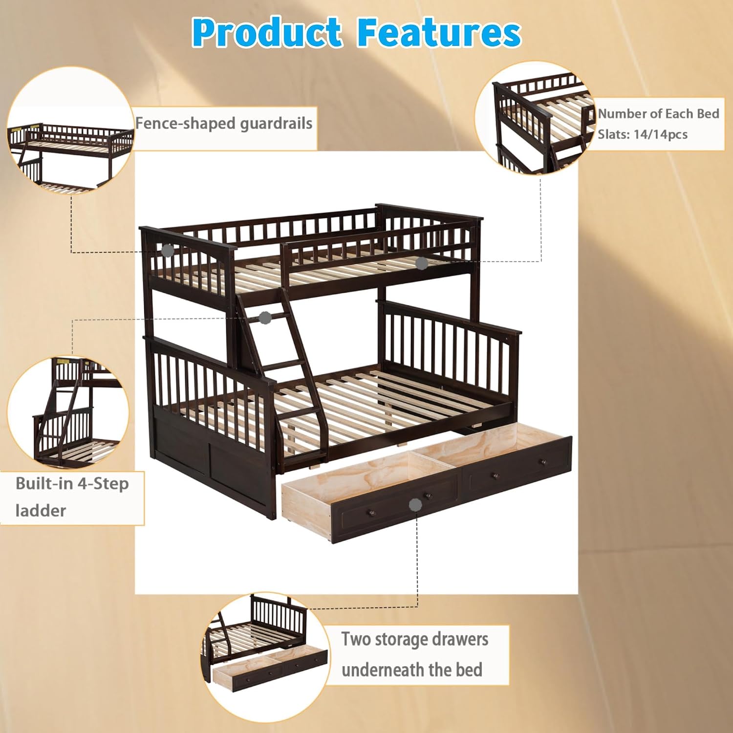 Harper & Bright Designs Convertible Wood Twin Over Full Bunk Bed with 2 Storage Drawers and Ladder - Can Be Divided Into Two Daybeds, Espresso