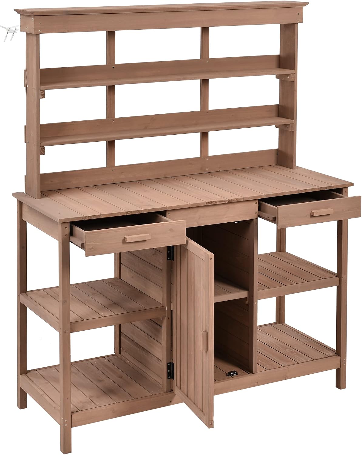 Bellemave 66'' Large Potting Bench Table Wooden Gardening Plant Workstation with 2 Drawers, Cabinet and Removable Open Shelves for Backyard, Mudroom(Brown), WF300211AAD