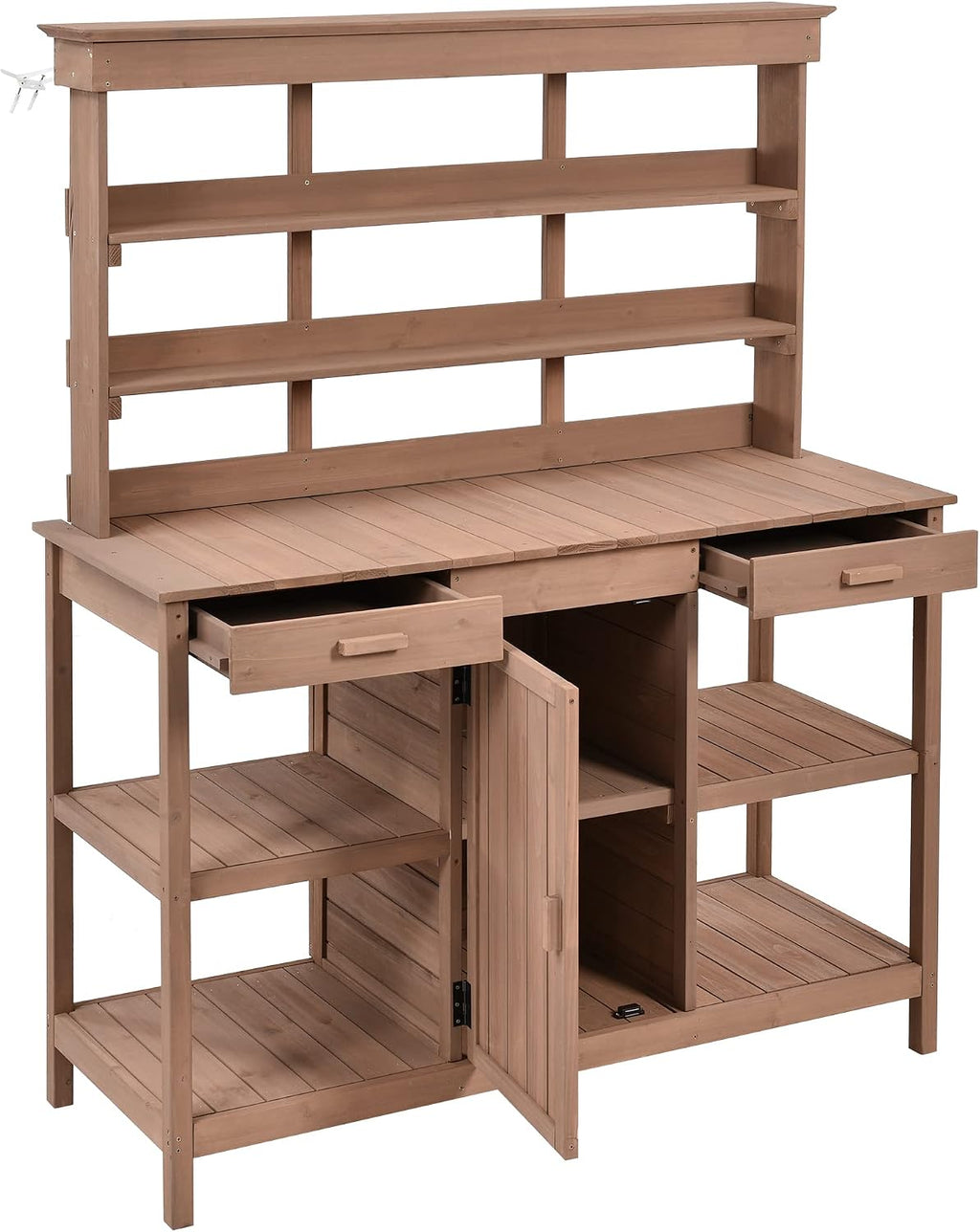 66' Large Outdoor Farmhouse Wooden Potting Bench Table, Garden Workstation with 2 Drawers, Cabinet and Open Shelves for Backyard, Mudroom, Brown