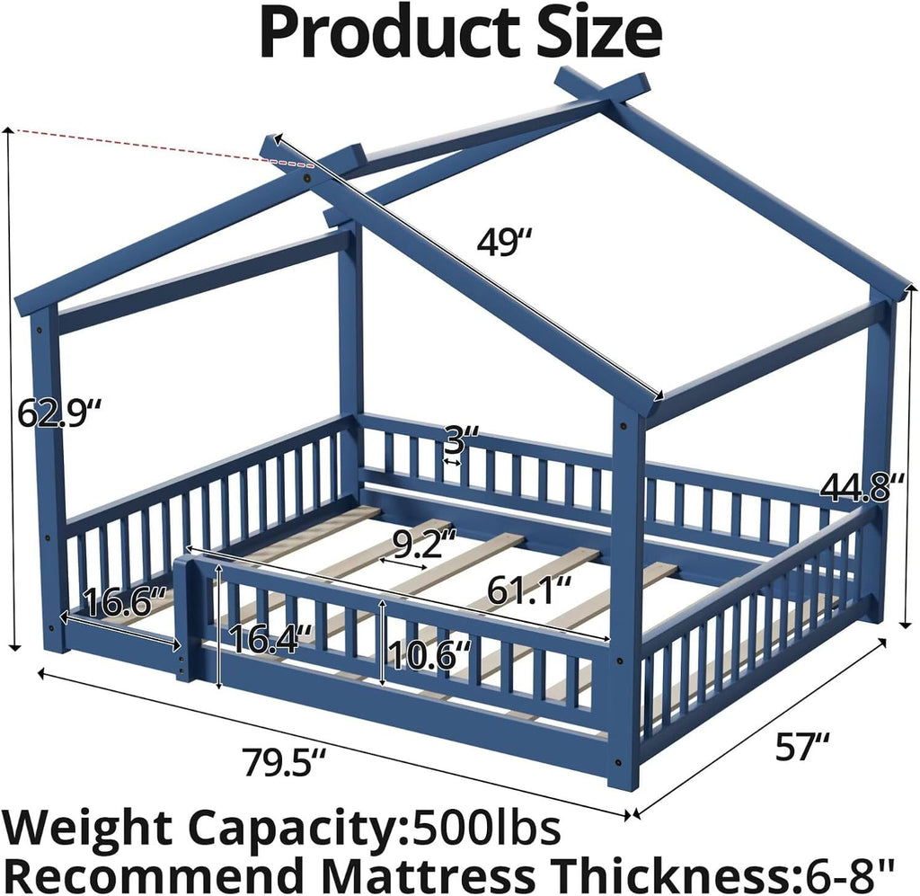 LLS Full House Floor Bed Frame with Fence, Wooden Montessori Playhouse Bed with Slats Support for Boys Girls, Mist Blue