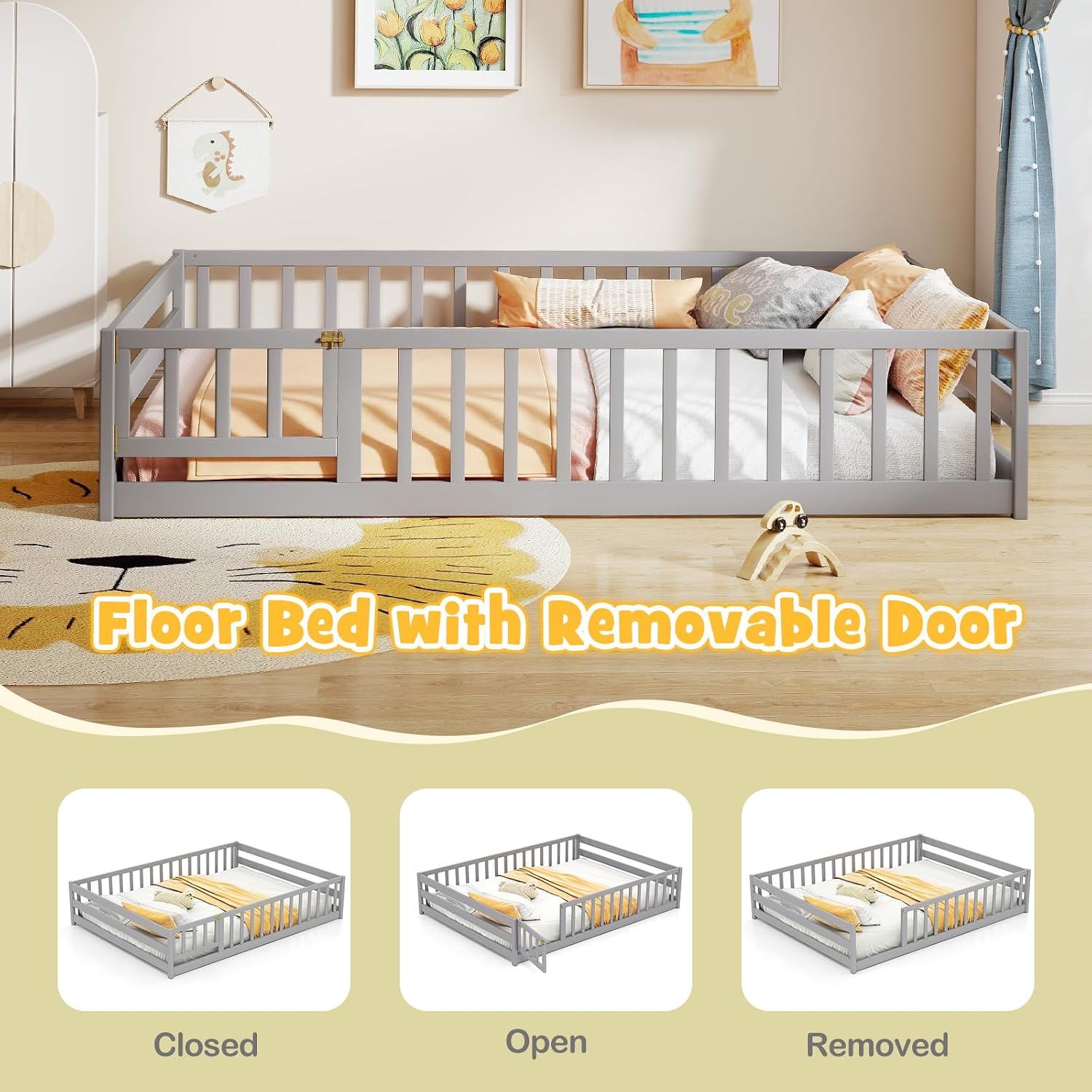 KOMFOTT Full Size Wood Floor Bed with Door & Fence, Montessori Bed Frame with Full Length Safety Guardrails, Door & Latch, Wooden Montessori Floor Bed for Kids, Girls, Boys (Full,Grey)
