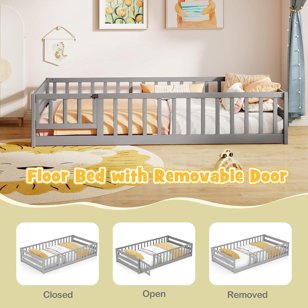 KOMFOTT Twin Size Wood Floor Bed with Door & Fence, Montessori Bed Frame with Full Length Safety Guardrails, Door & Latch, Wooden Montessori Floor Bed for Kids, Girls, Boys (Grey, Twin)