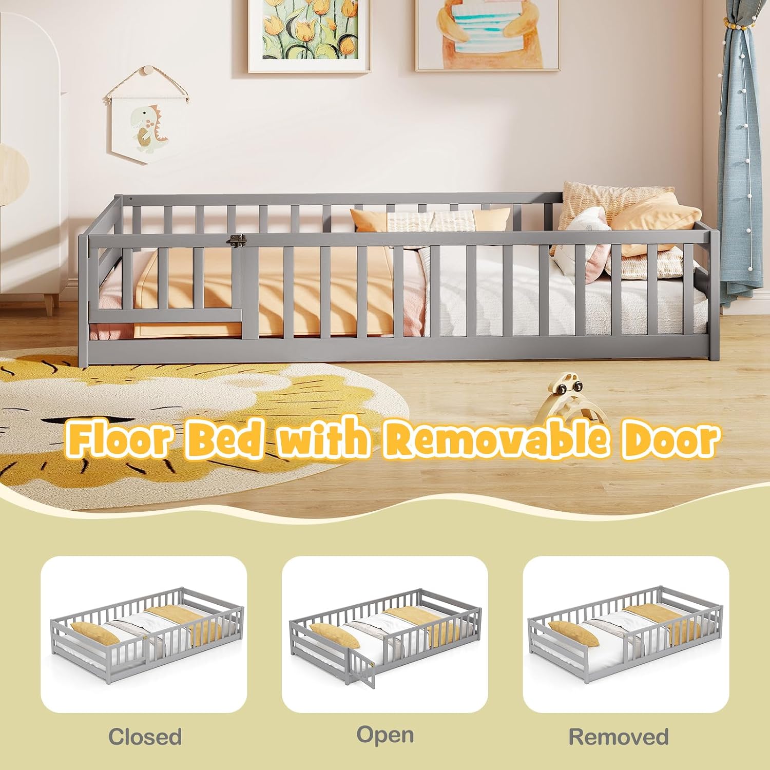 KOMFOTT Twin Size Wood Floor Bed with Door & Fence, Montessori Bed Frame with Full Length Safety Guardrails, Door & Latch, Wooden Montessori Floor Bed for Kids, Girls, Boys (Grey, Twin)