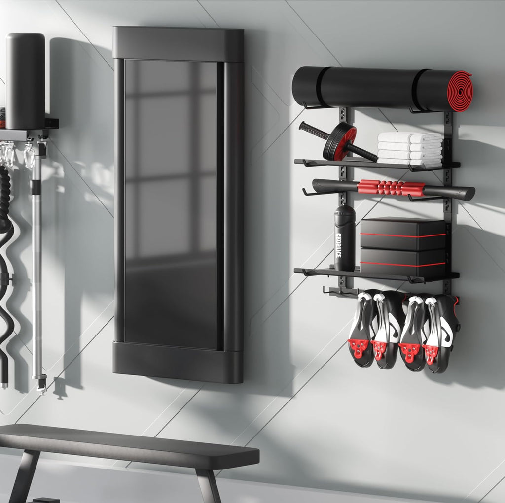 Home Gym Storage Shelf Only, Adjustable Gym Equipment Organizer Wall Mounted with 2 Boards, Yoga Mat Holder, Storage Rack Compatible with Peloton Shoes & Mat, Shelf for Home Training Accessories