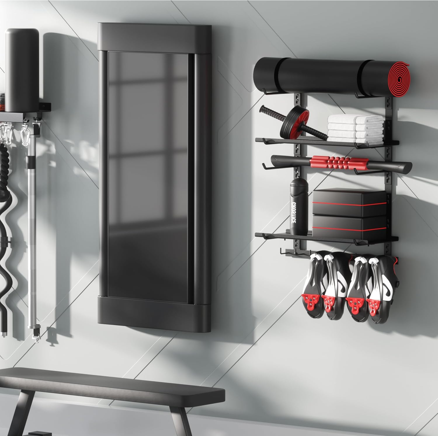 Home Gym Storage Shelf Only, Adjustable Gym Equipment Organizer Wall Mounted with 2 Boards, Yoga Mat Holder, Storage Rack Compatible with Peloton Shoes & Mat, Shelf for Home Training Accessories