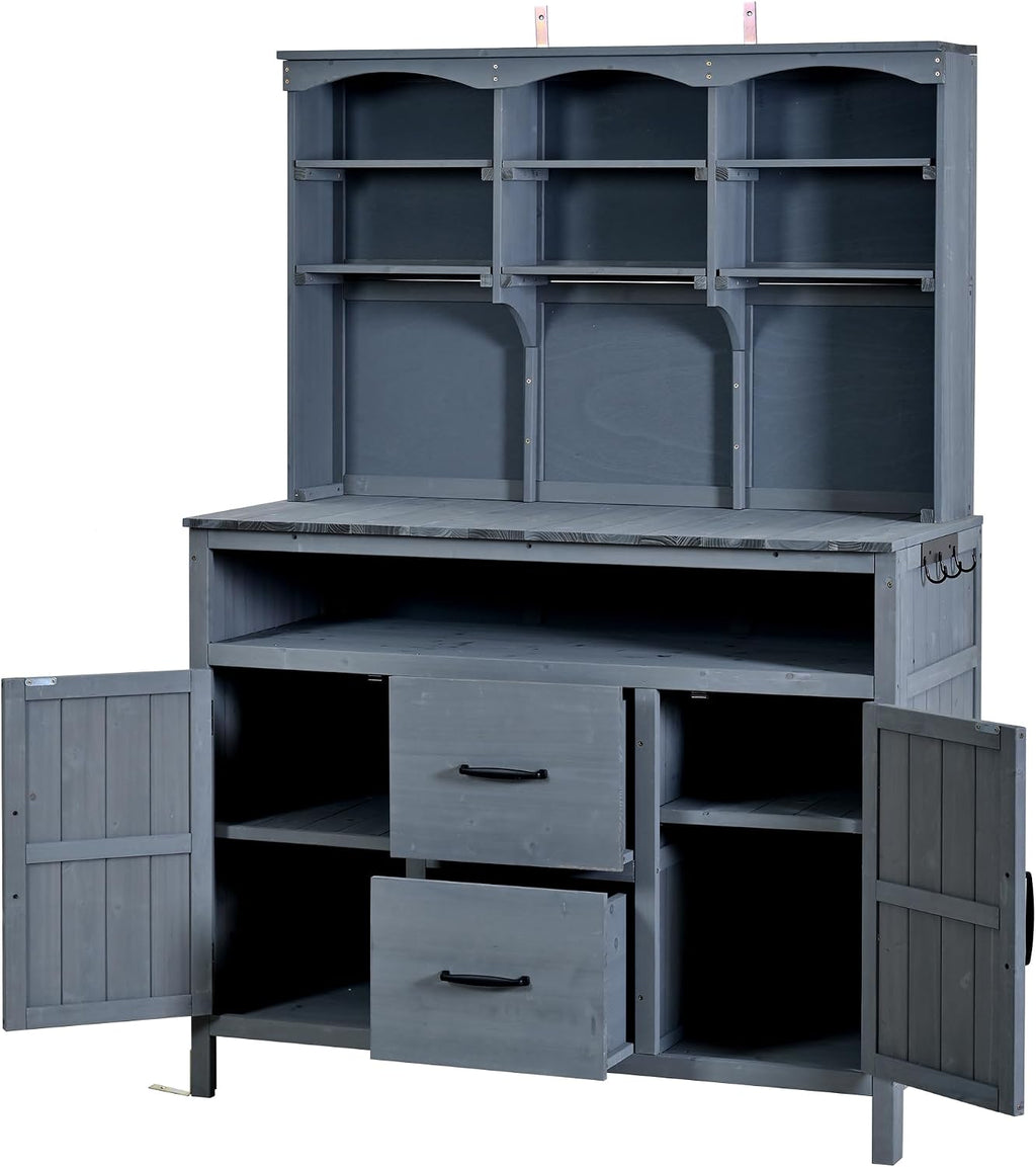 Outdoor Potting Bench Table with Large Countertop and Hutch, Freestanding Garden Workstation with Cabinets, Drawers and Hooks for Backyard (Gray)