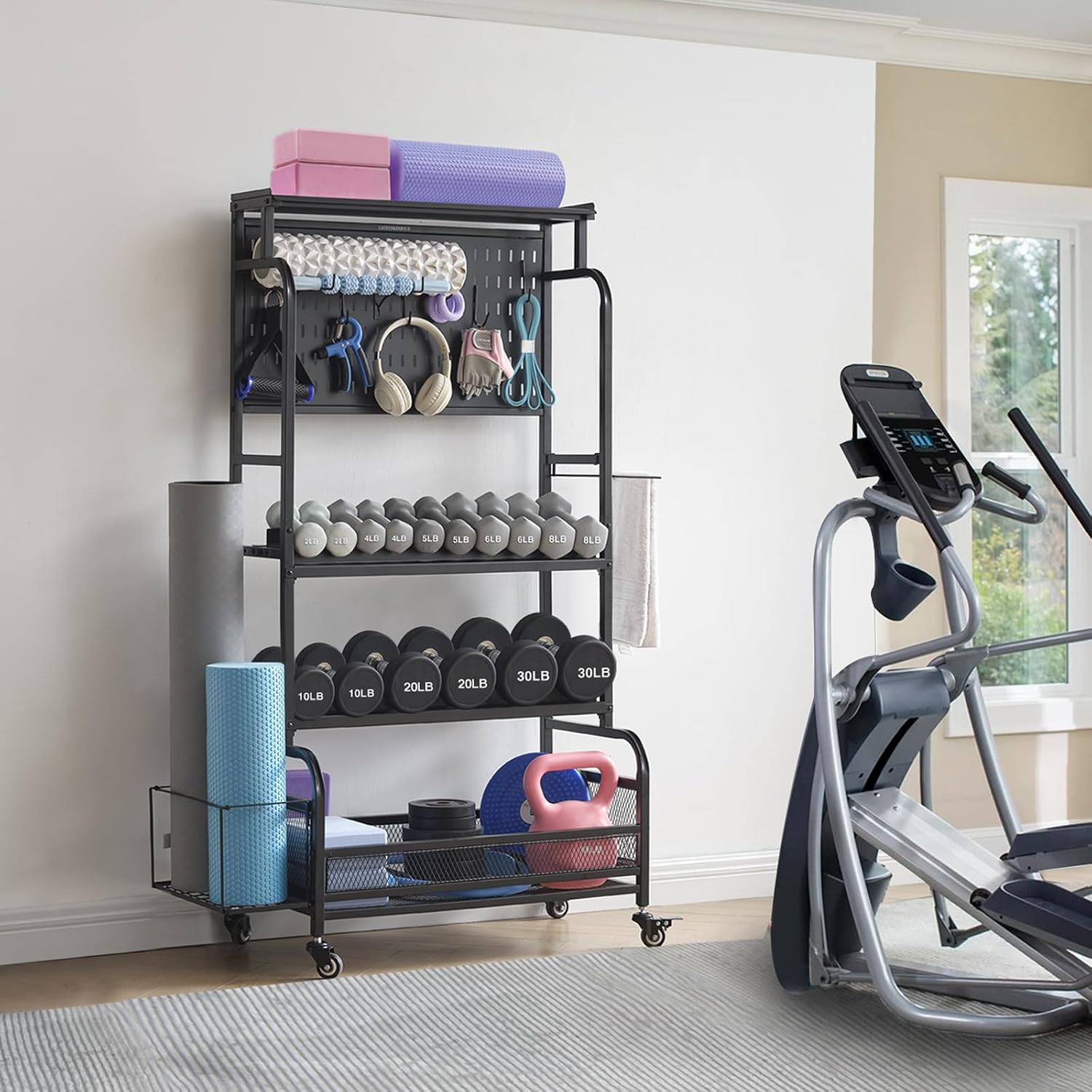 Taller Home Gym Storage Organizer, Yoga Mat Storage Rack with Hanging Board, Exercise Workout Equipment Storage Stand for Home Gym, Dumbbell Holder Kettlebell Rack with Wheels and Hooks