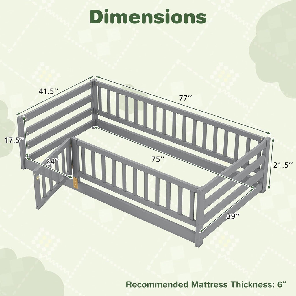 KOMFOTT Twin Size Wood Floor Bed with Door & 21.5' Fence, Montessori Bed Frame with Full Length Safety Guardrails, Door & Latch, Wooden Montessori Floor Bed for Kids, Girls, Boys