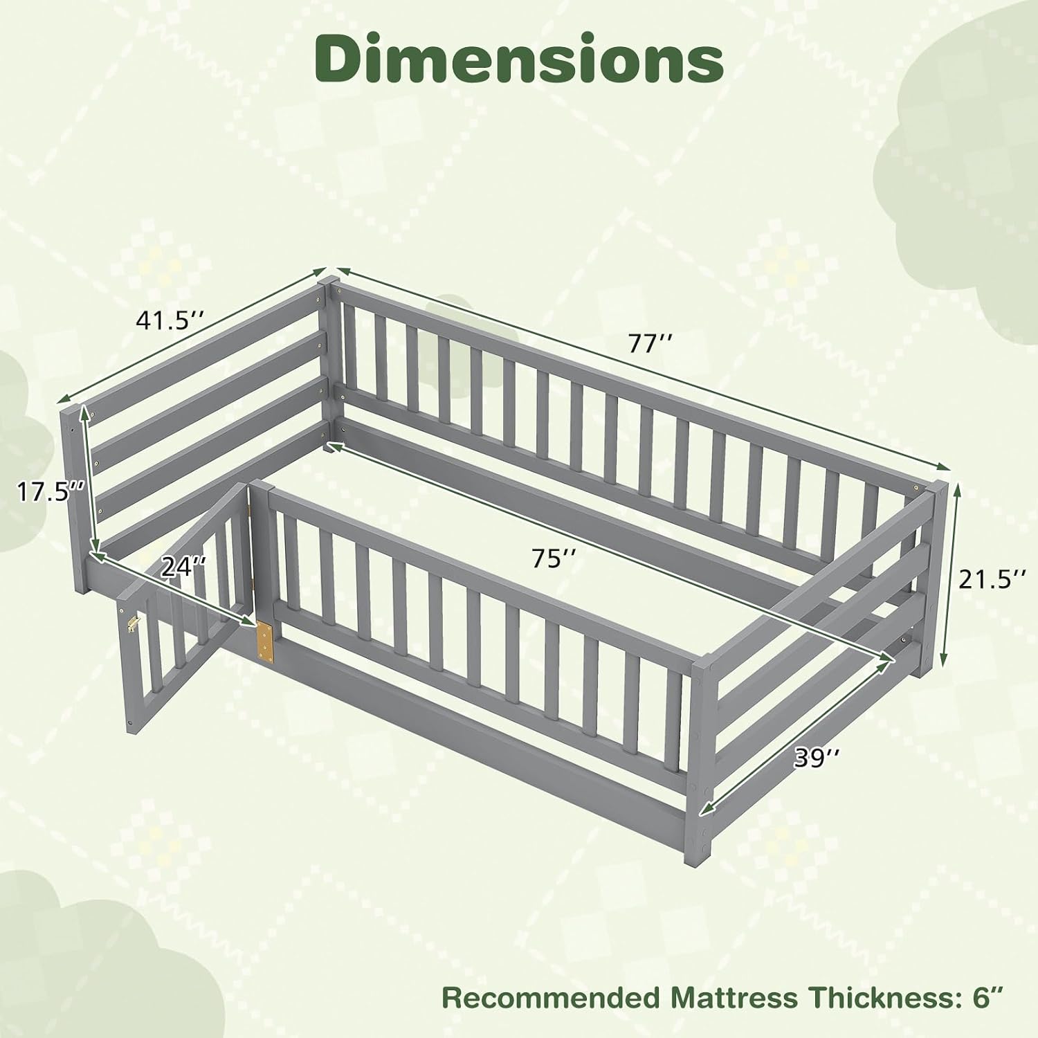 KOMFOTT Twin Size Wood Floor Bed with Door & 21.5' Fence, Montessori Bed Frame with Full Length Safety Guardrails, Door & Latch, Wooden Montessori Floor Bed for Kids, Girls, Boys