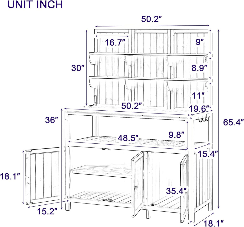 Outdoor Potting Bench Table with Hutch, Solid Wood Garden Workstation with Storage Shelves and Cabinets &Hooks for Lawn Garden, Green