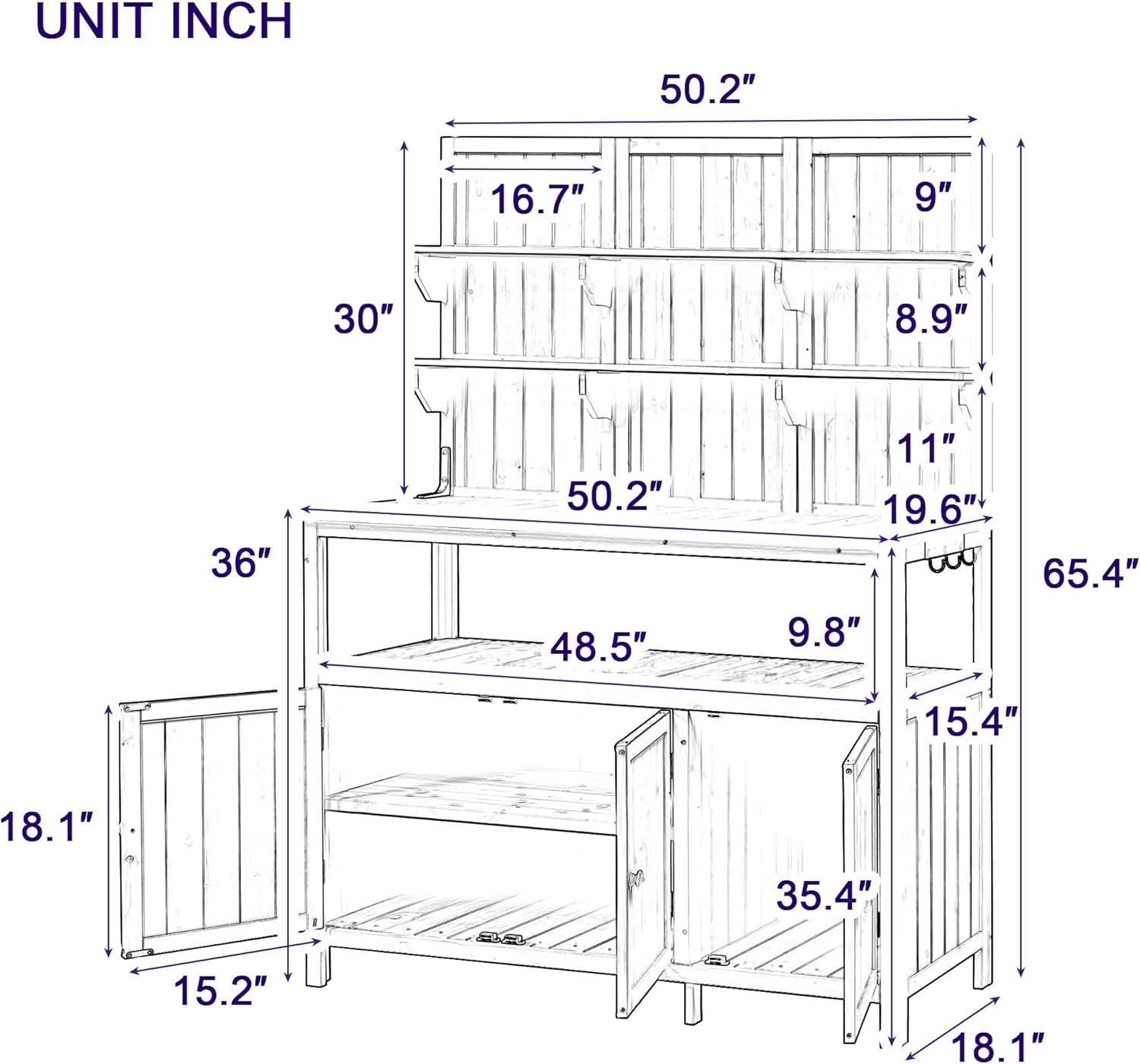 Outdoor Potting Bench Table with Hutch, Solid Wood Garden Workstation with Storage Shelves and Cabinets &Hooks for Lawn Garden, Green