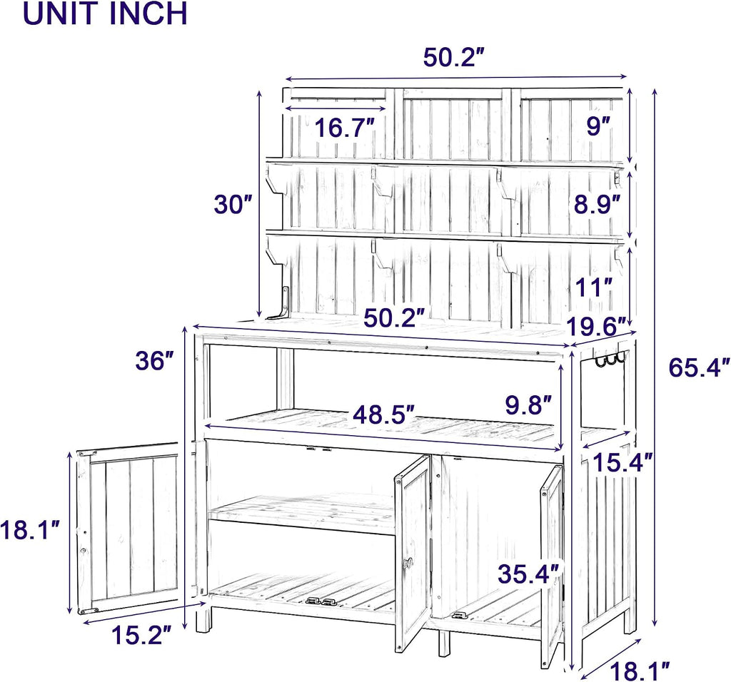 Potting Bench with Hutch, 50.2' Solid Fir Wood Garden Workstation with Large Countertop, 2 Shelves, 2 Cabinets and 3 Side Hooks, Outdoor Planting Table for Gardening, Green