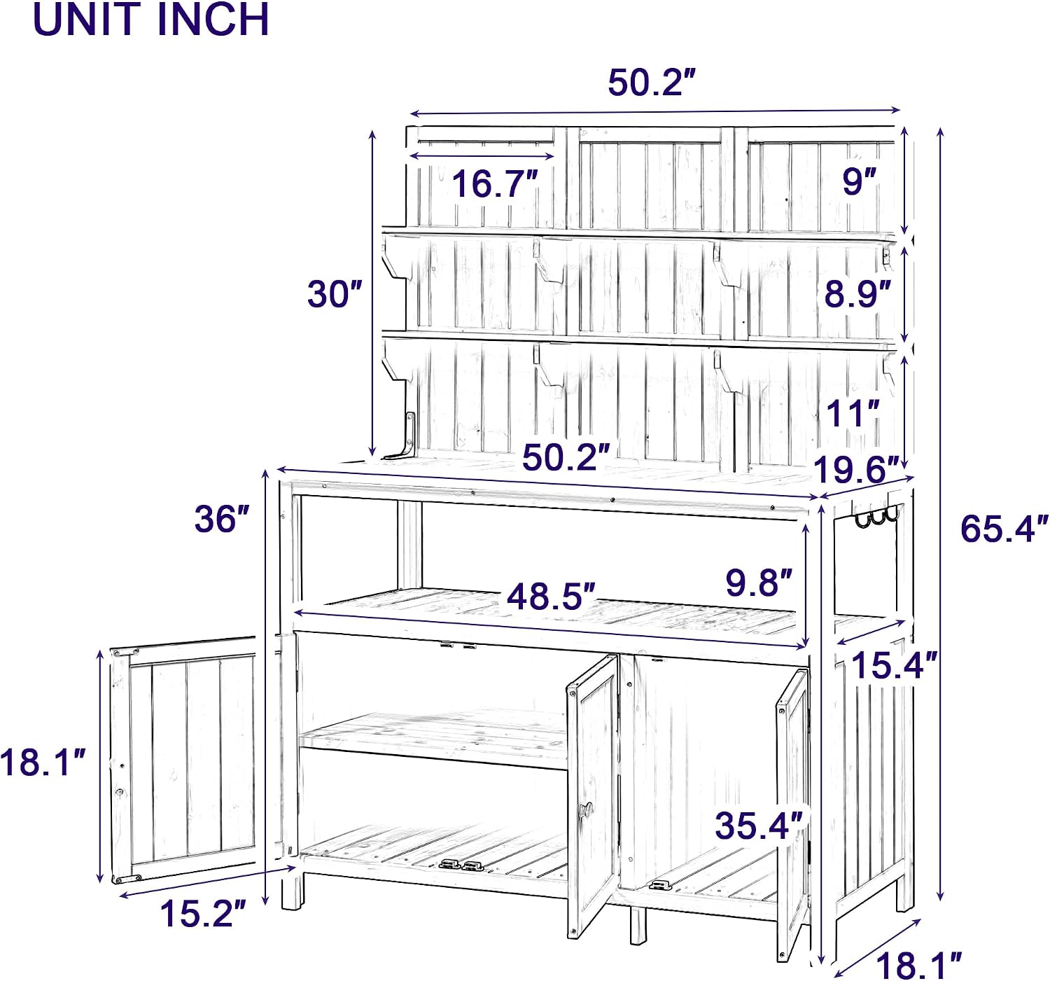Potting Bench with Hutch, 50.2' Solid Fir Wood Garden Workstation with Large Countertop, 2 Shelves, 2 Cabinets and 3 Side Hooks, Outdoor Planting Table for Gardening, Green