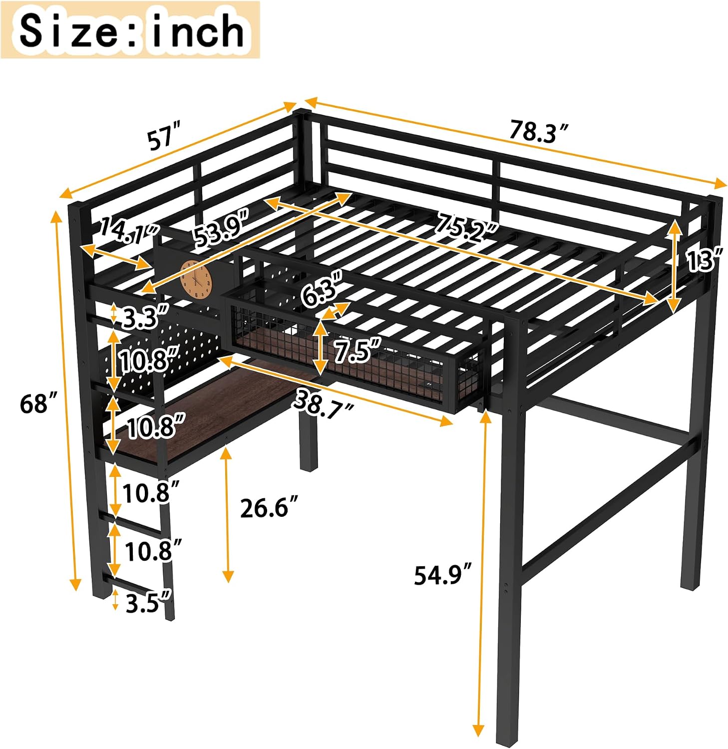 Bellemave Full Size Metal Loft Bed with Desk and Side Clock,Heavy Duty Loft Bed Frame with Charging Station and Pegboard for Kids,Teens,Adults,Full Size,Black