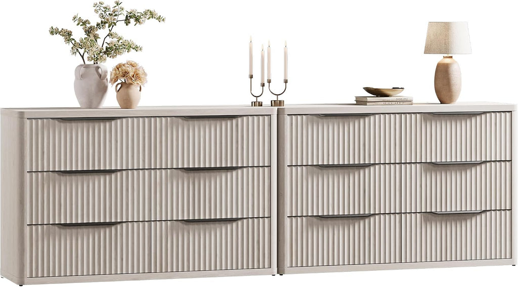 SICOTAS Dresser for Bedroom 107' Wide 6 Drawer Dressers & Chests of Drawers for Closet Long Large Modern TV Stand Set for Clothes Storage Fluted Wide Clothes Closet for Hallway Entryway, White Alder