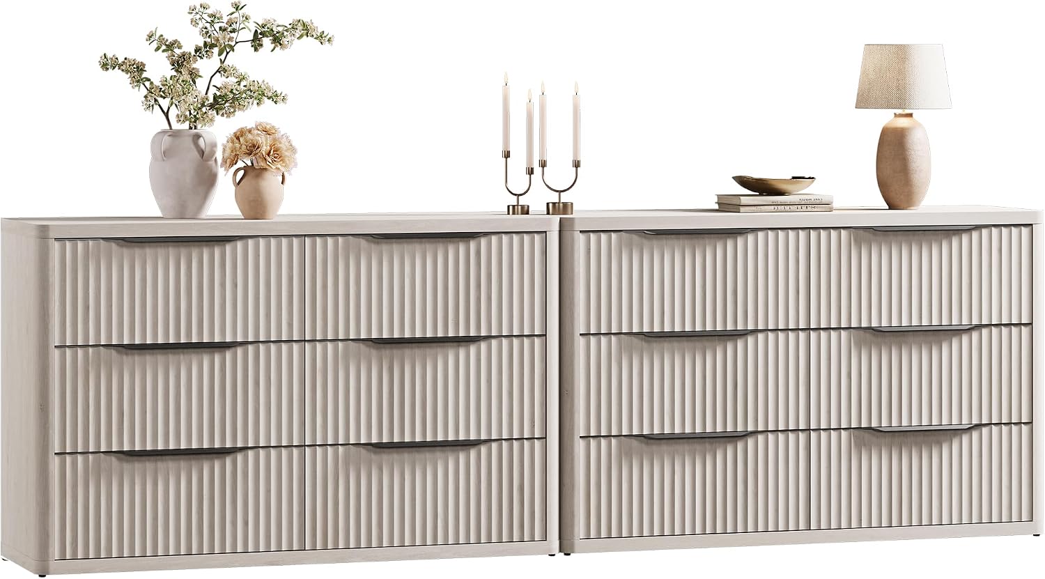 SICOTAS Dresser for Bedroom 107' Wide 6 Drawer Dressers & Chests of Drawers for Closet Long Large Modern TV Stand Set for Clothes Storage Fluted Wide Clothes Closet for Hallway Entryway, White Alder
