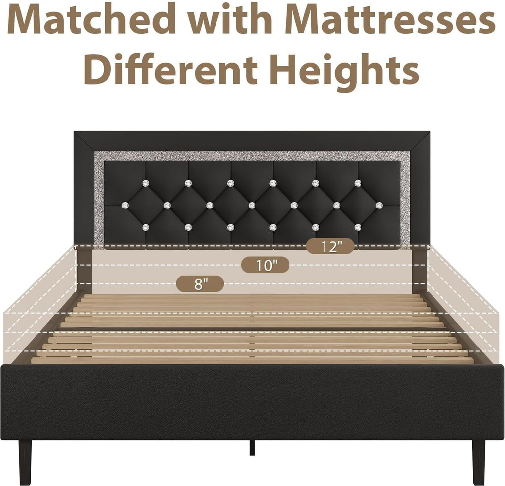 BarnFurin Queen Bed Frame with Tufted Button Headboard, Upholstered Platform Bed Frame with Diamond Design, Wood Slat Support, No Box Spring Needed, Easy Assembly, Black