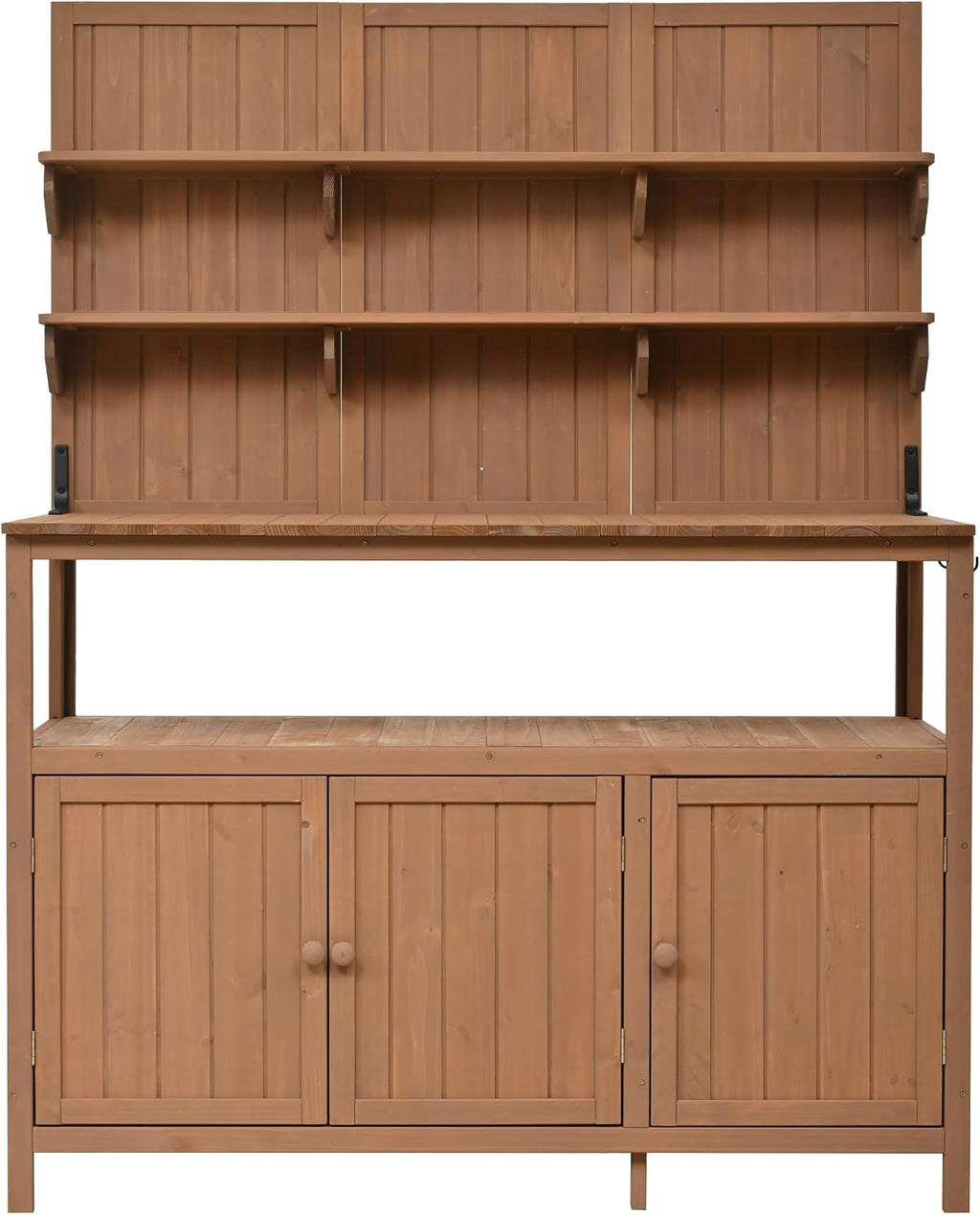 Rustic 50.2' Solid Fir Wood Patio Potting Bench with Hutch,Garden Workstation with Large Countertop,2 Shelves,2 Cabinets,3 Side Hooks,Planting Table for Backyard (Natural#H)