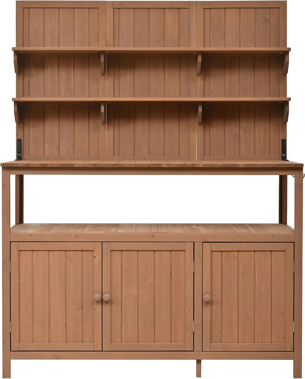 Rustic 50.2' Solid Fir Wood Patio Potting Bench with Hutch,Garden Workstation with Large Countertop,2 Shelves,2 Cabinets,3 Side Hooks,Planting Table for Backyard (Natural#H)