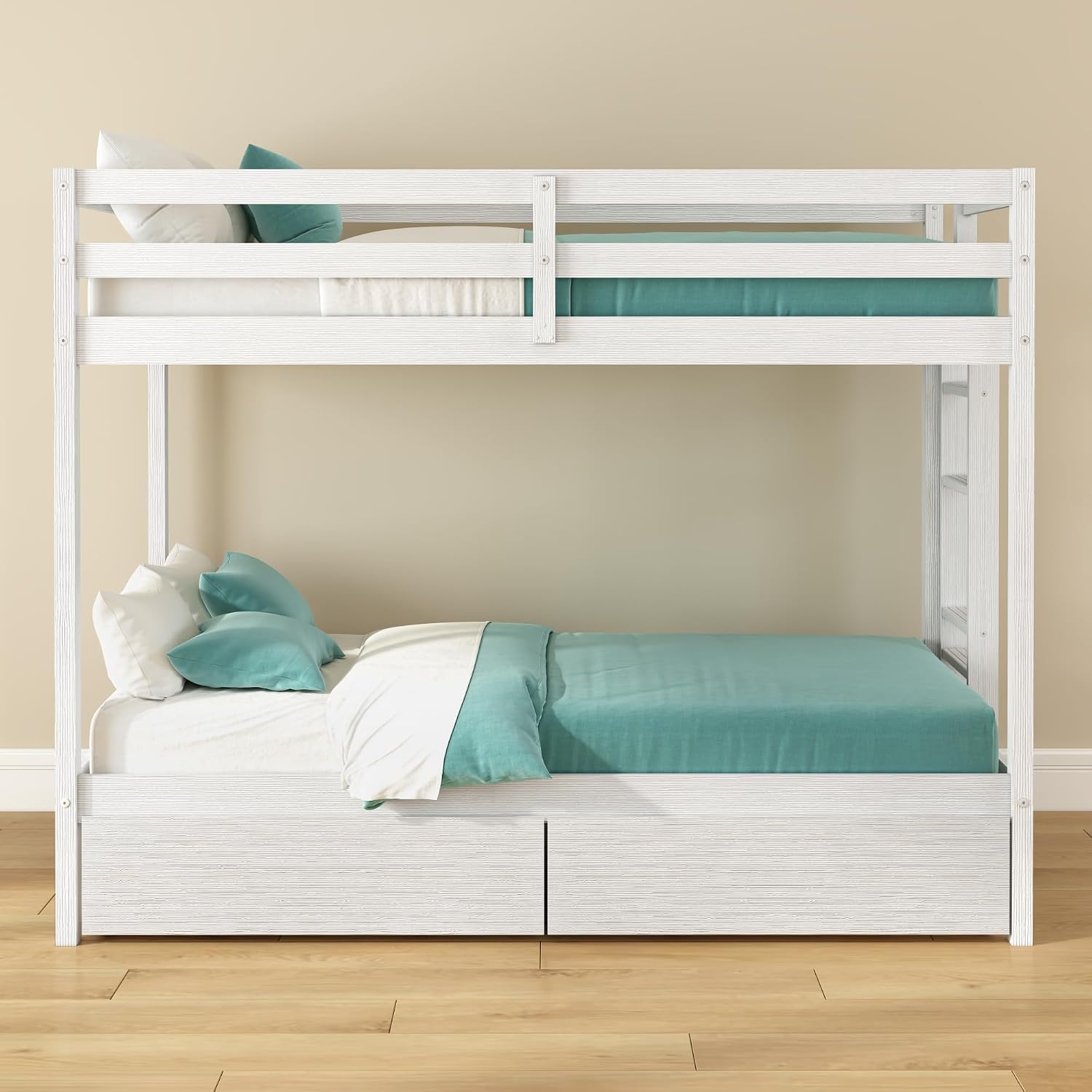 Grain & Grove Bear Twin Over Twin Bunk Bed with Storage Drawers, Sturdy Bunk Bed Frame for Kids, Plywood Bunk with Ladder, Guardrail, and Slats, No Box Spring Required, Brush White